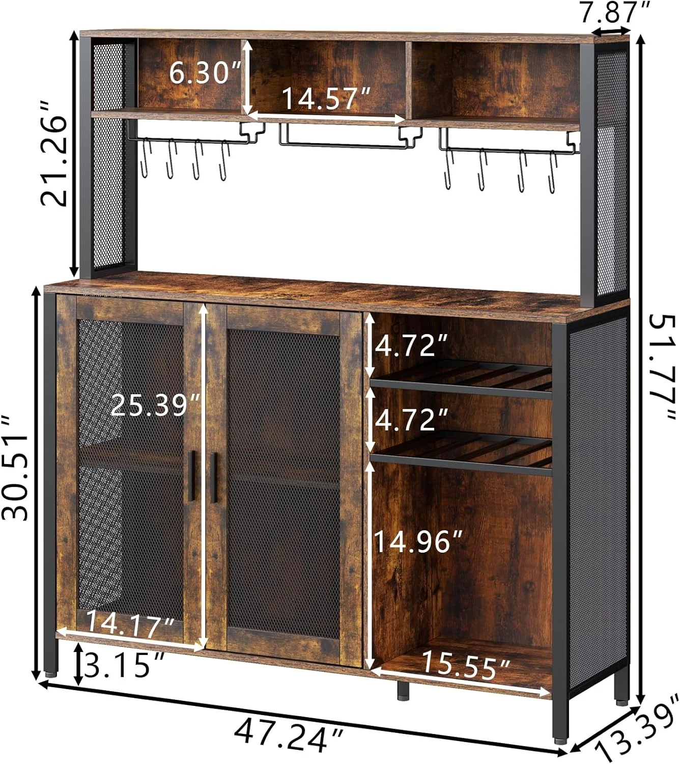 Wine Bar Cabinet with LED Lights, Rustic Brown Industrial Coffee Bar Station with Wine Rack, Glass Holder & 3 Storage Compartments, Liquor Buffet Sideboard for Kitchen & Dining Room