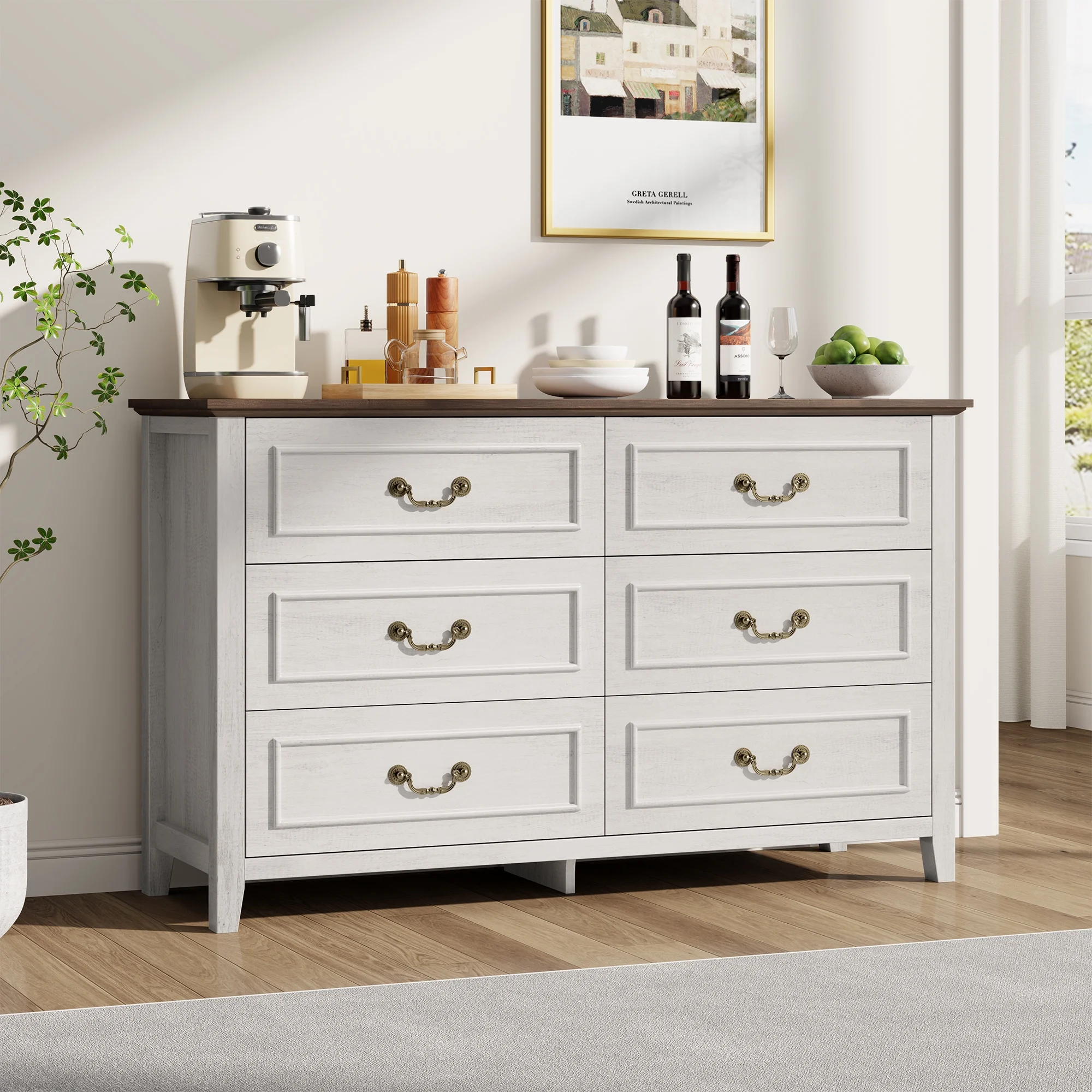 LainTene Dresser for Bedroom, Farmhouse White Dresser with Antique Handles, Vintage 6 Drawers Dresser, Chest of Drawers Storage Cabinet for Living Room, Entryway - Image 12