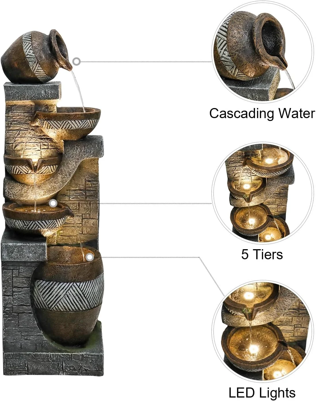 SunJet 5-Tiers Indoor/Outdoor Garden Water Fountain - 42.5inches Modern Floor-Standing Cascading Water Feature - Suitable for Deck, Patio, Porch, Yard Decor - Image 3