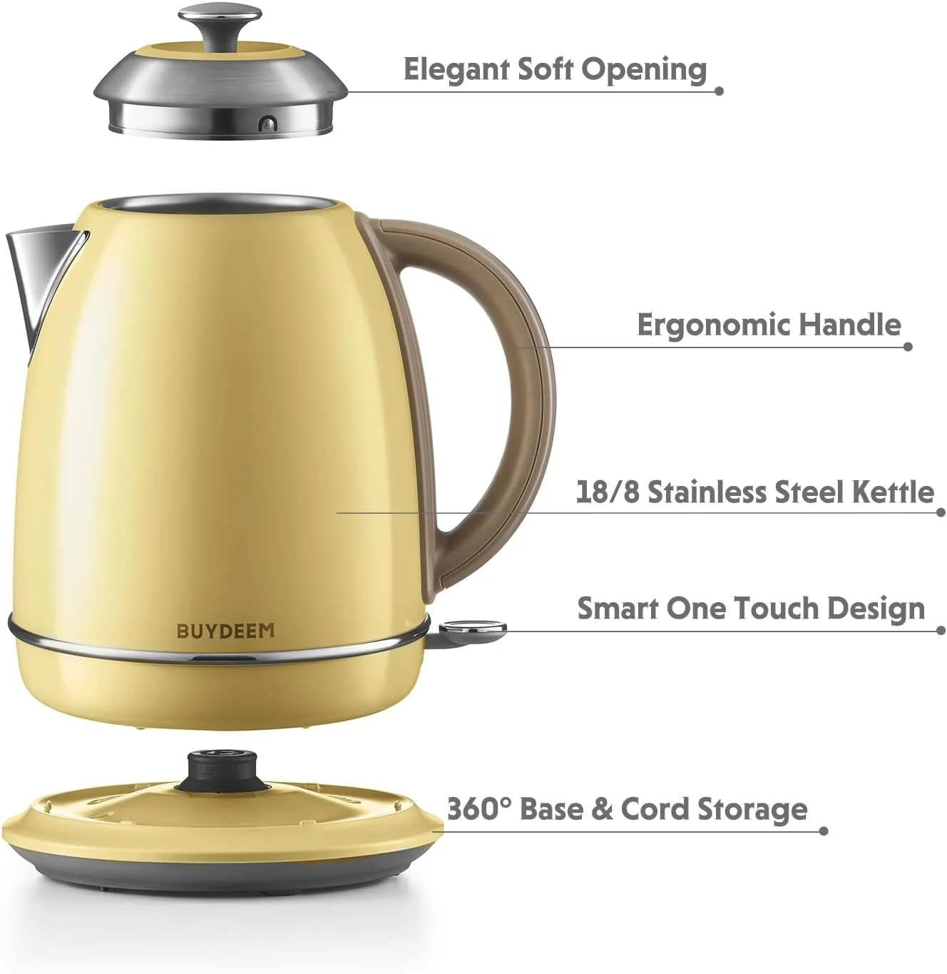 BUYDEEM K640N Stainless Steel Electric Kettle with Auto Shut-Off & Boil Dry Protection, 1.7L Cordless Hot Tea Water Boiler with Swivel Base, 1440W Fast Heating