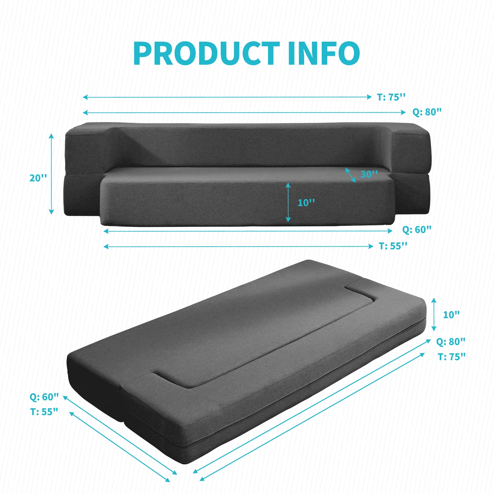 BALUS Folding Sofa Bed, Convertible Sleeper Sofa Bed Queen,Floor Couch Bed,Futon Sofa Bed Memory Foam Mattress,Floor Sofa Bed Twin for Living Room/Bedroom/Guest Room/Home Office,Dark Grey - Image 5