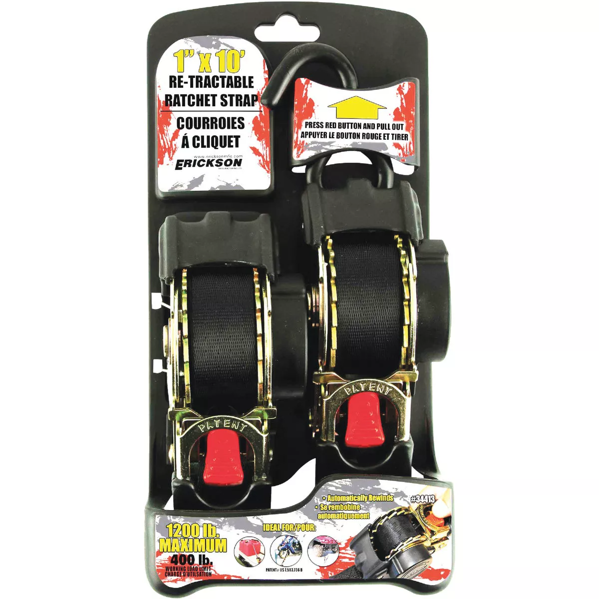 Erickson 1 In. x 10 Ft. 400 Lb. Re-Tractable Ratchet Strap (2-Pack)