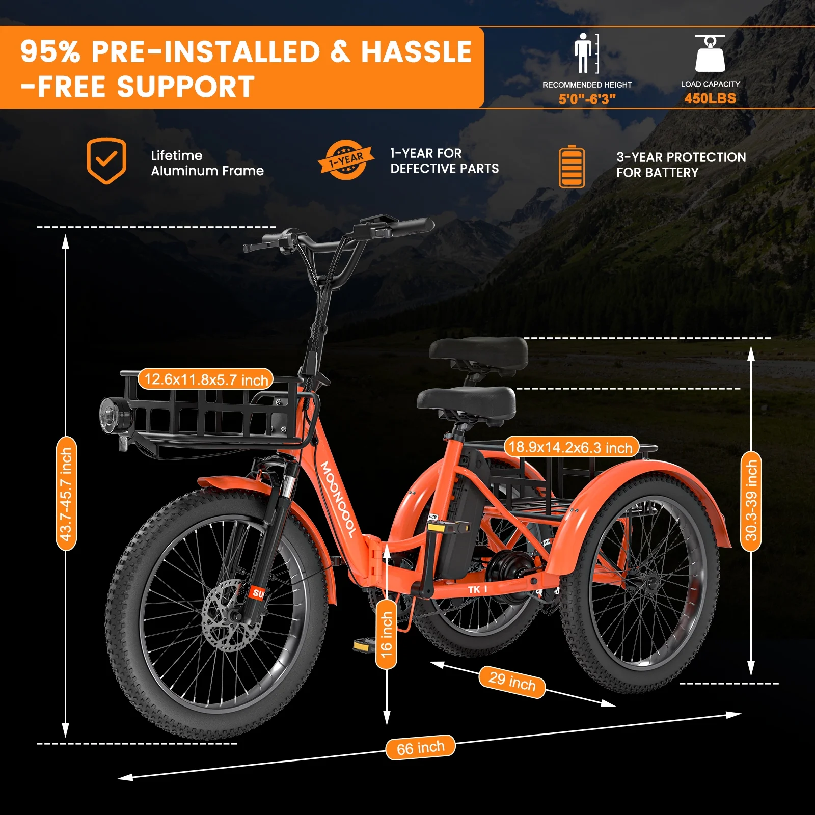 MOONCOOL TK1 Folding Electric Tricycle for Adults,48V 14.5Ah Removable battery, 500W(Peak 1000w)Motor, 20" Fat Tire Step-Thru 3Wheel Electric Bicycle w/Front&Rear Baskets, Certified to UL 2849 by SGS - Image 12