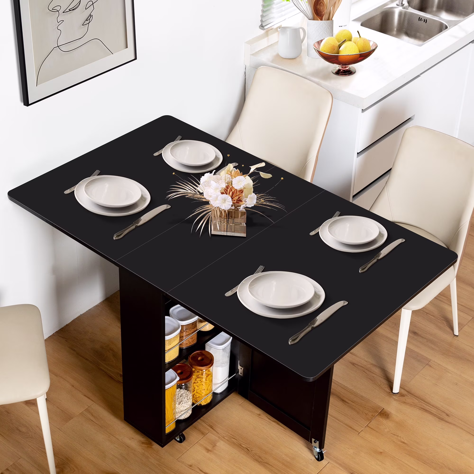 spanspace Folding Dining Table, Drop Leaf Dining Table with 6 Wheels and 2-Layer Storage Shelf, Space Saving Dining Table for Small Spaces,Folding Kitchen Table,White - Image 3