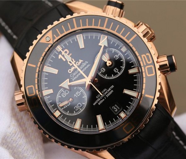 Replica Omega OMF Planet Ocean Master Chronometer RG Black Polished Bezel Black Dial Leather A9901 - Top club