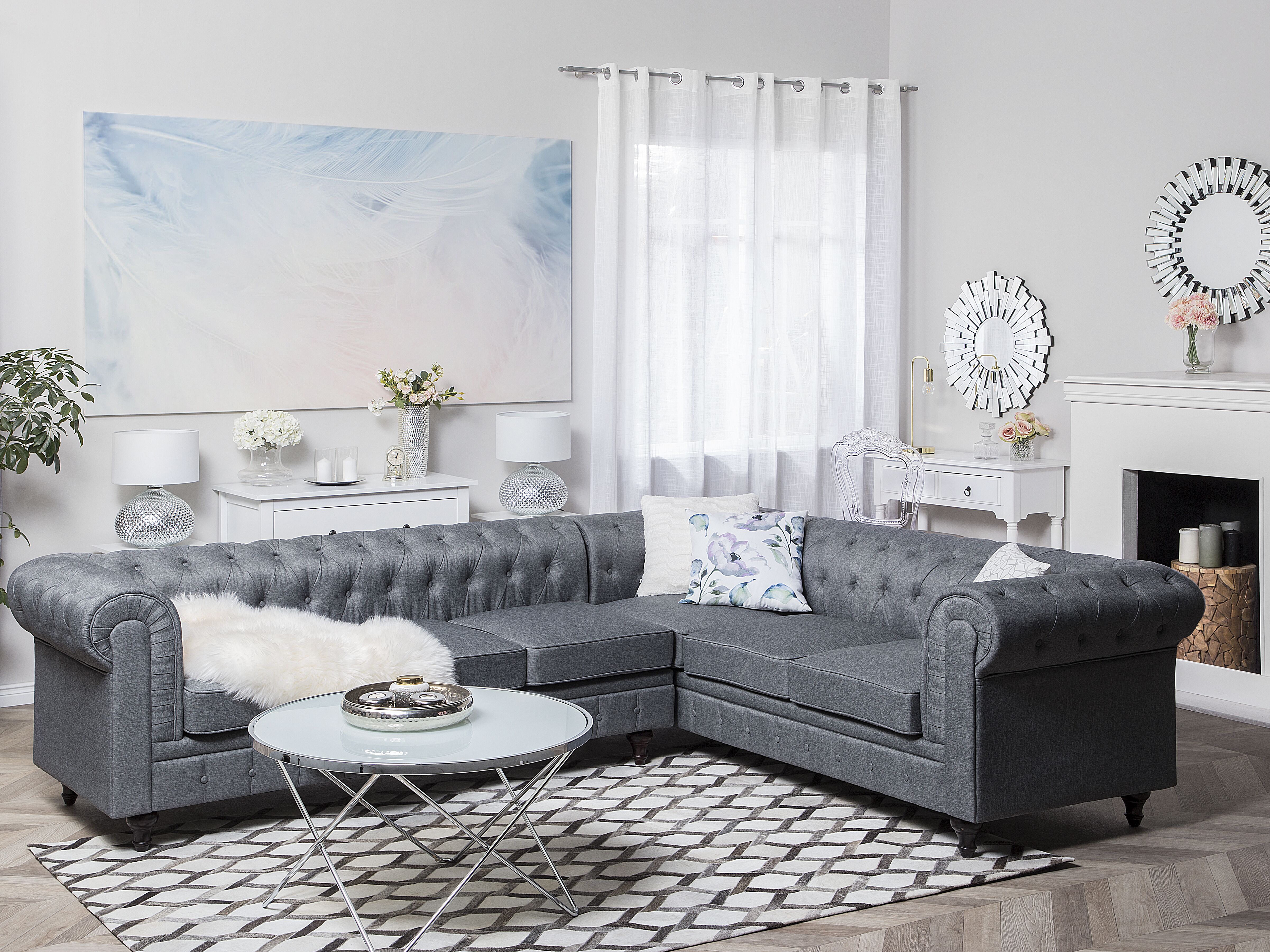 Corner Sofa 6 Seater CHESTERFIELD Fabric Grey Left Hand