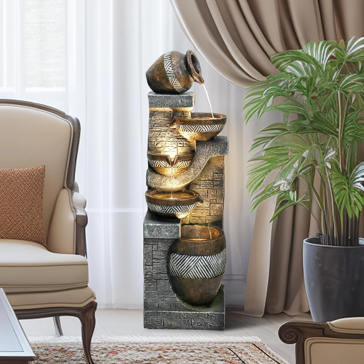 SunJet 5-Tiers Indoor/Outdoor Garden Water Fountain - 42.5inches Modern Floor-Standing Cascading Water Feature - Suitable for Deck, Patio, Porch, Yard Decor - Image 4