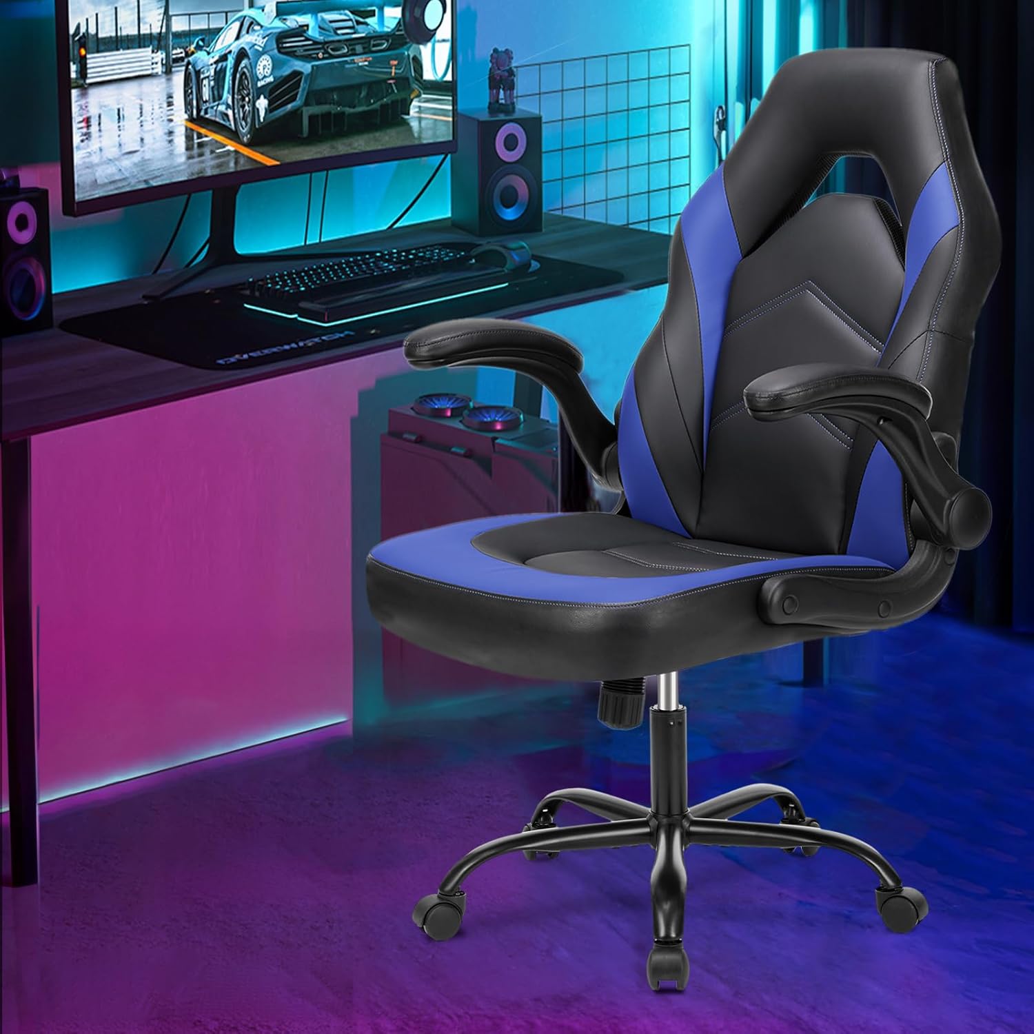 Sweetcrispy Computer Video Game Chair - Ergonomic Home Office with Comfy Lumbar Support, PU Leather Height Adjustable with Flip-up Armrest and 360° Swivel Wheels, Blue, for Adults, Teens