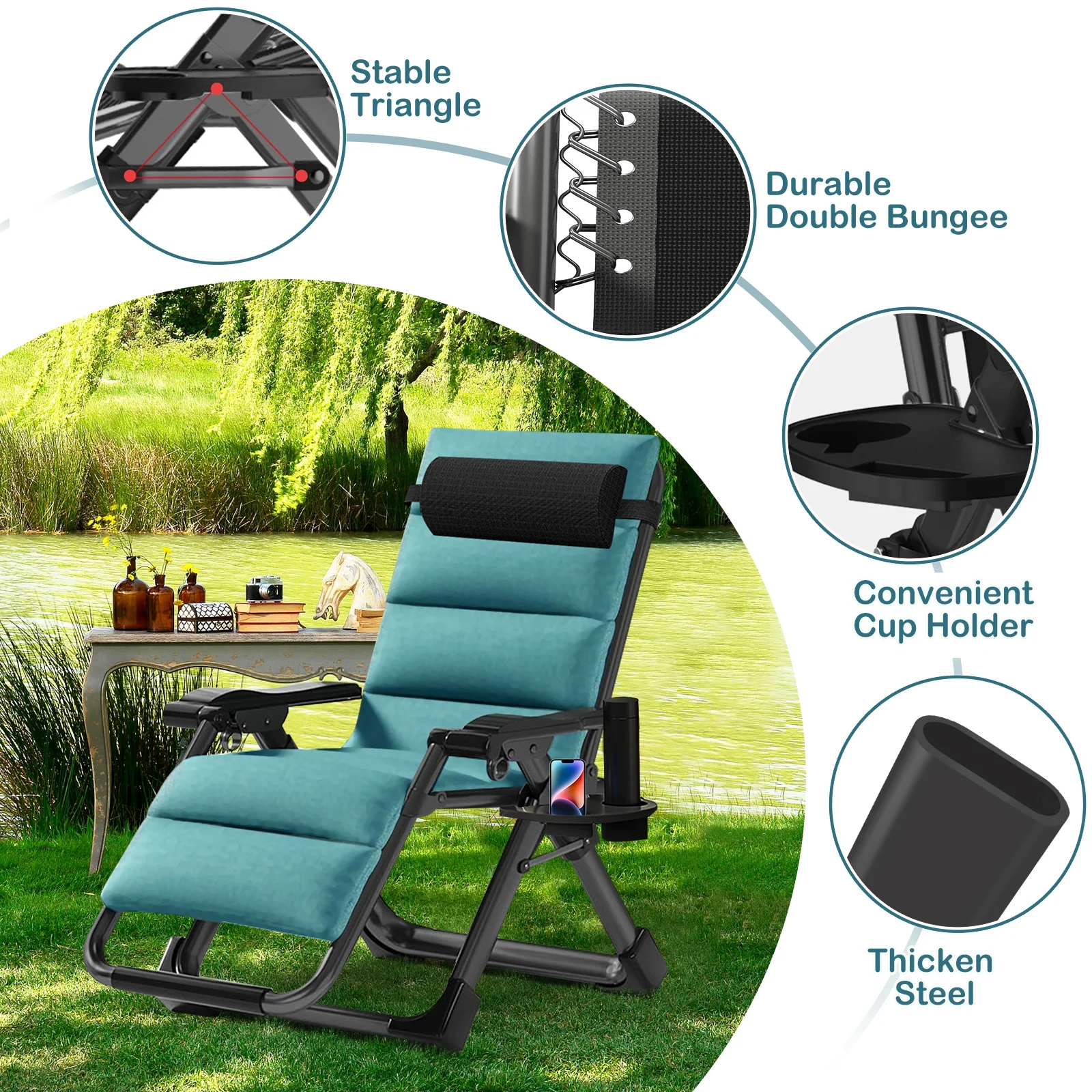 NAIZEA Zero Gravity Chair with Removable Cushion and Cup Holder Black - Image 28