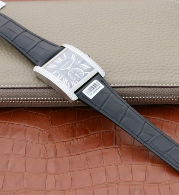 Replica Cartier Tank MC SS Black Dial Diamonds Bezel Leather Strap - Top club
