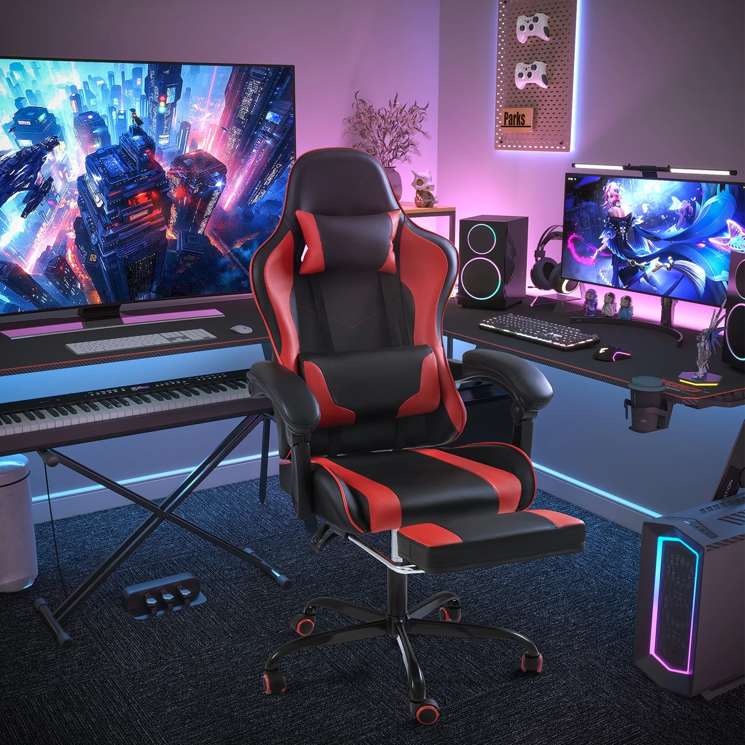 Lacoo PU Leather Gaming Chair Massage Ergonomic Gamer Chair Height Adjustable Computer Chair with Footrest & Lumbar Support, White - Image 43