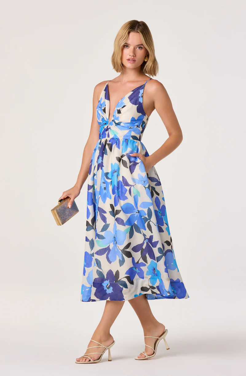 Janna Floral Plunge Midi Dress - Blue