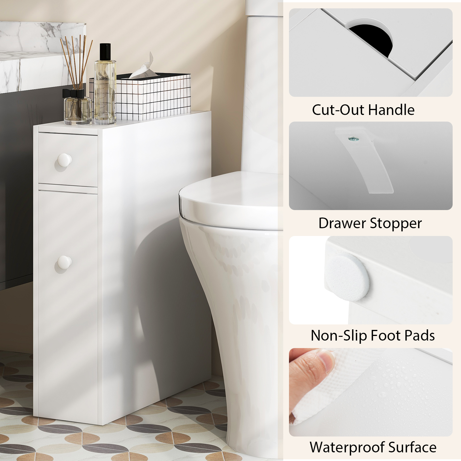 Topbuy Slim Bathroom Storage Cabinet Freestanding Toilet Paper Holder with Slide Out Drawers for Small Spaces White - Image 6