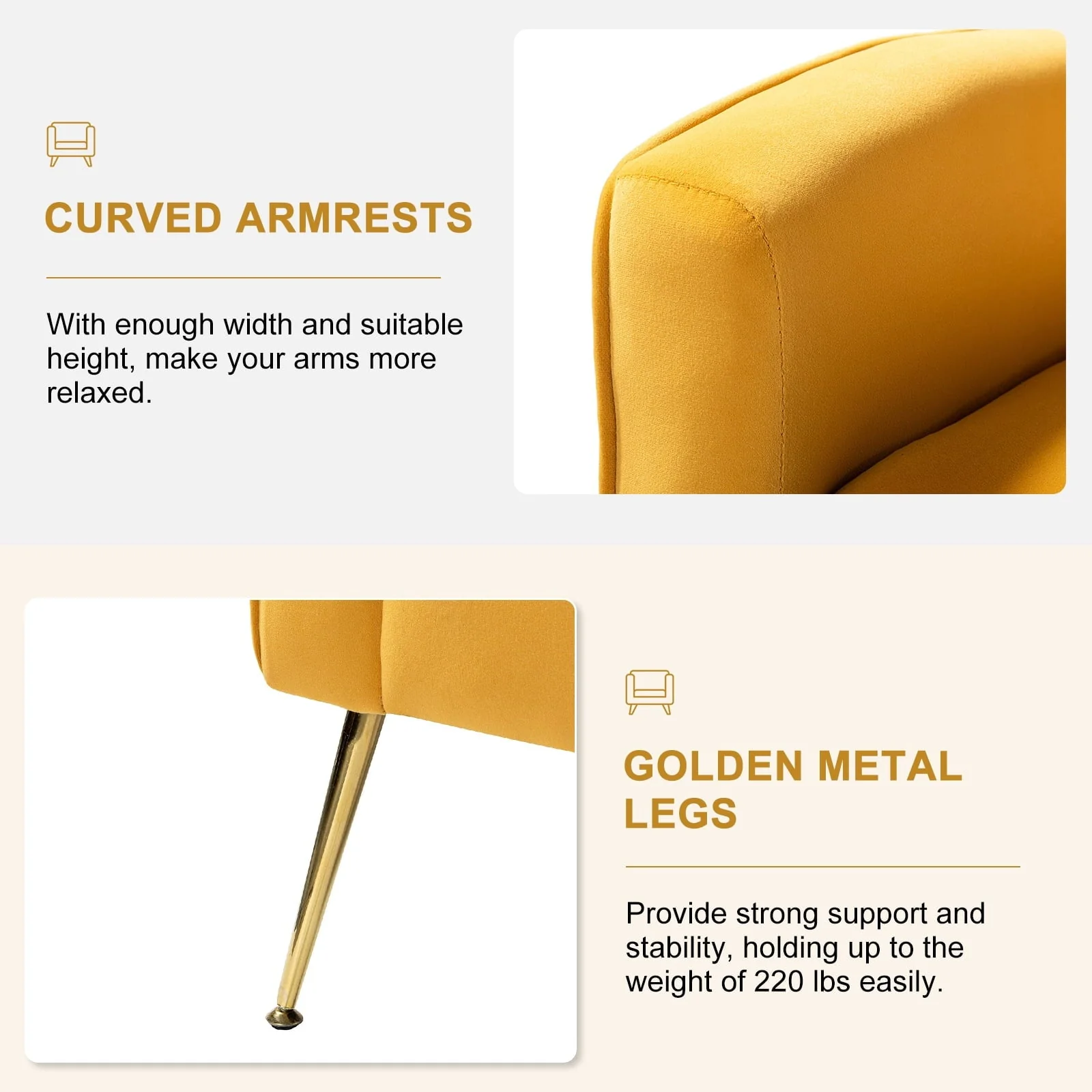 14 Karat Home Fall Home Decor Velvet Accent Chair Button Tufted Metal Legs Adult Living Room Mustard - Image 7