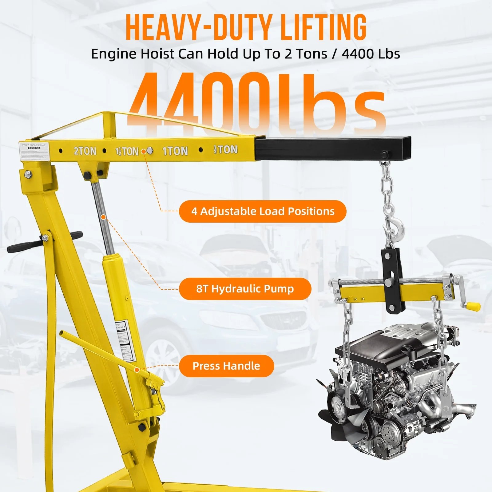 JoanKaren Hydraulic Engine Hoist,4400lbs Max Weight,Folding Engine Lift Shop Crane with Lever and 6 Steel Caster Wheels,Yellow - Image 2