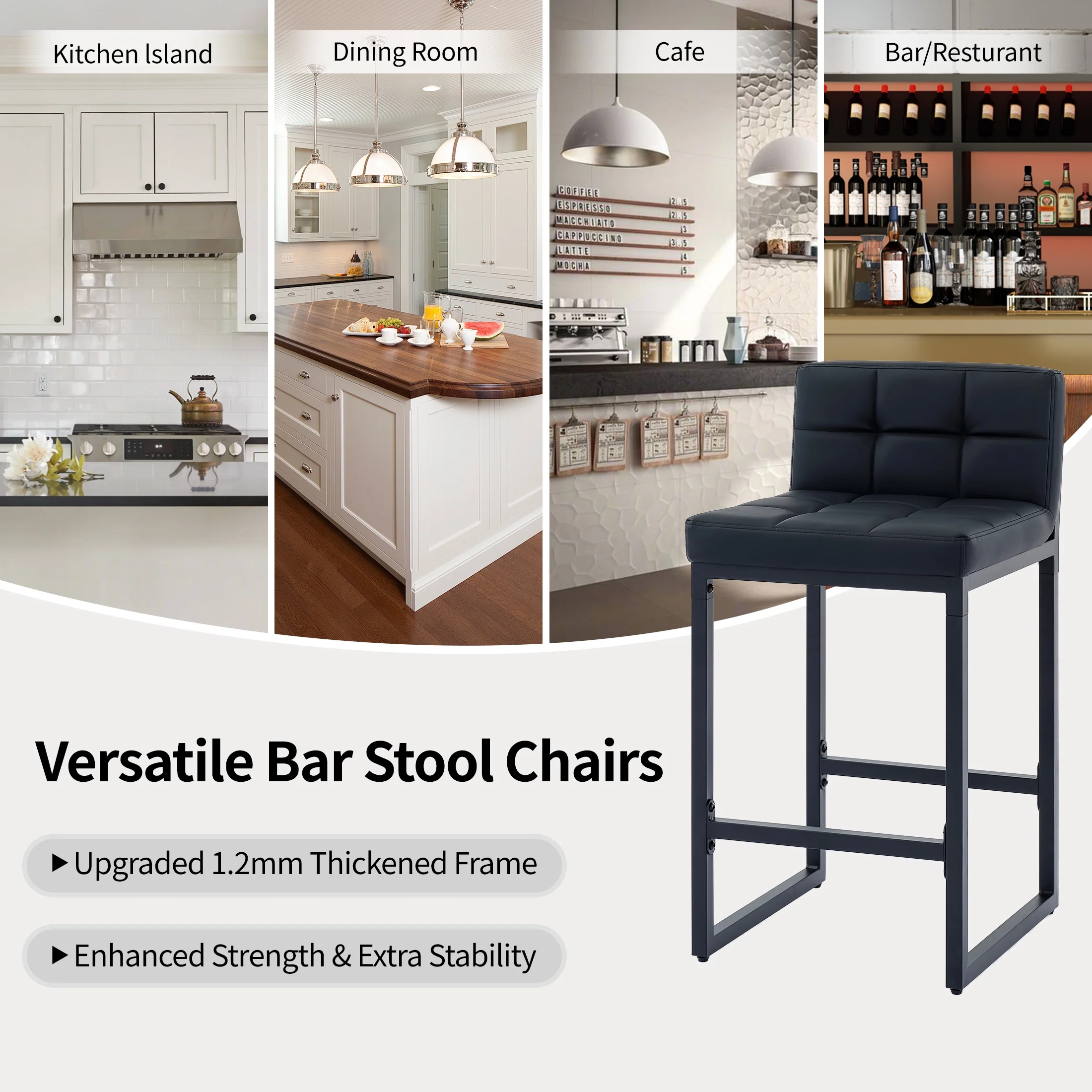 FIRAVOE Bar Stools Set of 3, Counter Height Bar Stools (Low Back)(Thickened Frame) 26" PU Leather Barstools Bar Chairs for Kitchen Island, Black - Image 10
