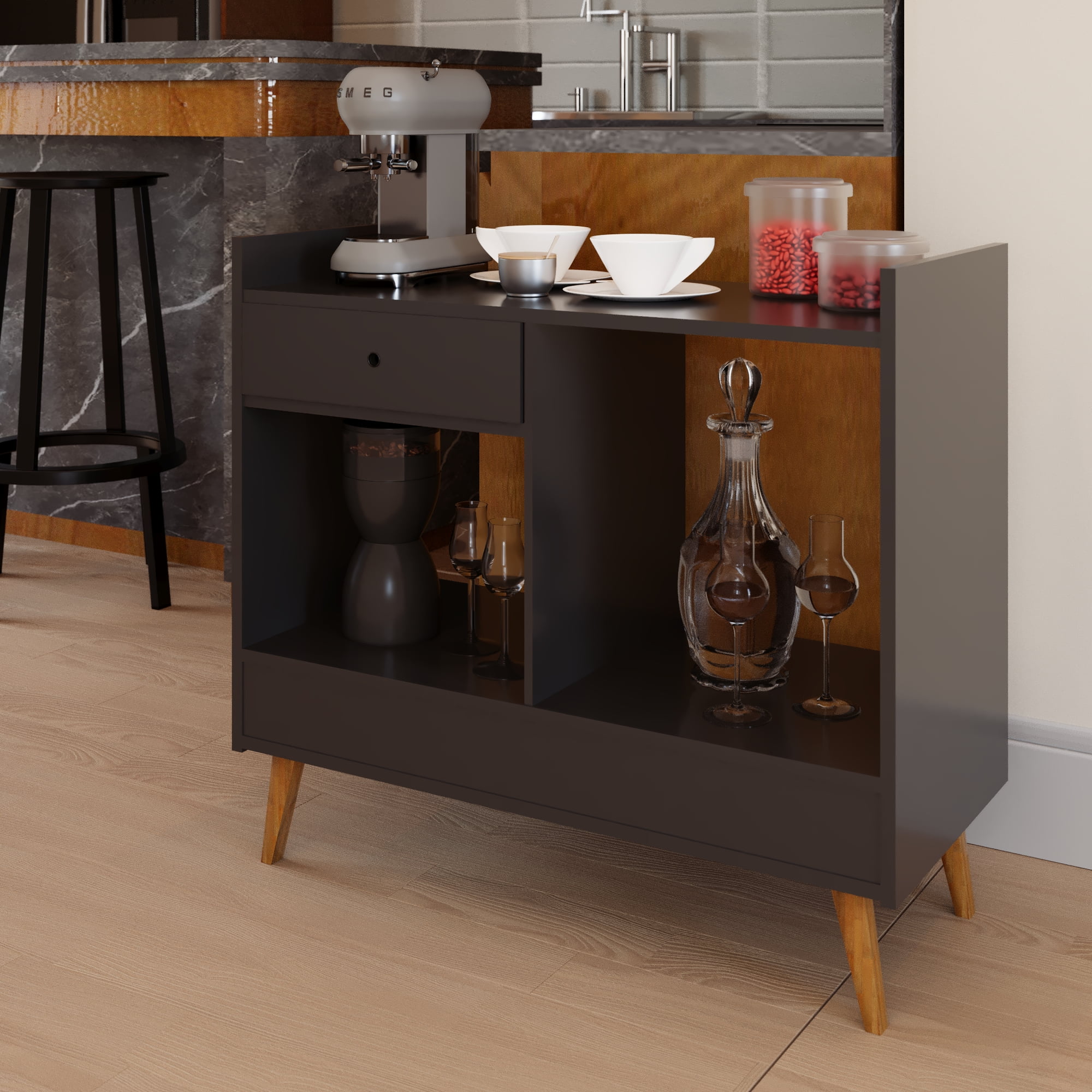 Ember Interiors Oxford Black Modern Bar Cabinet with Wine Storage, Drawer & Open Shelves �C Compact Design for Living Room or Kitchen