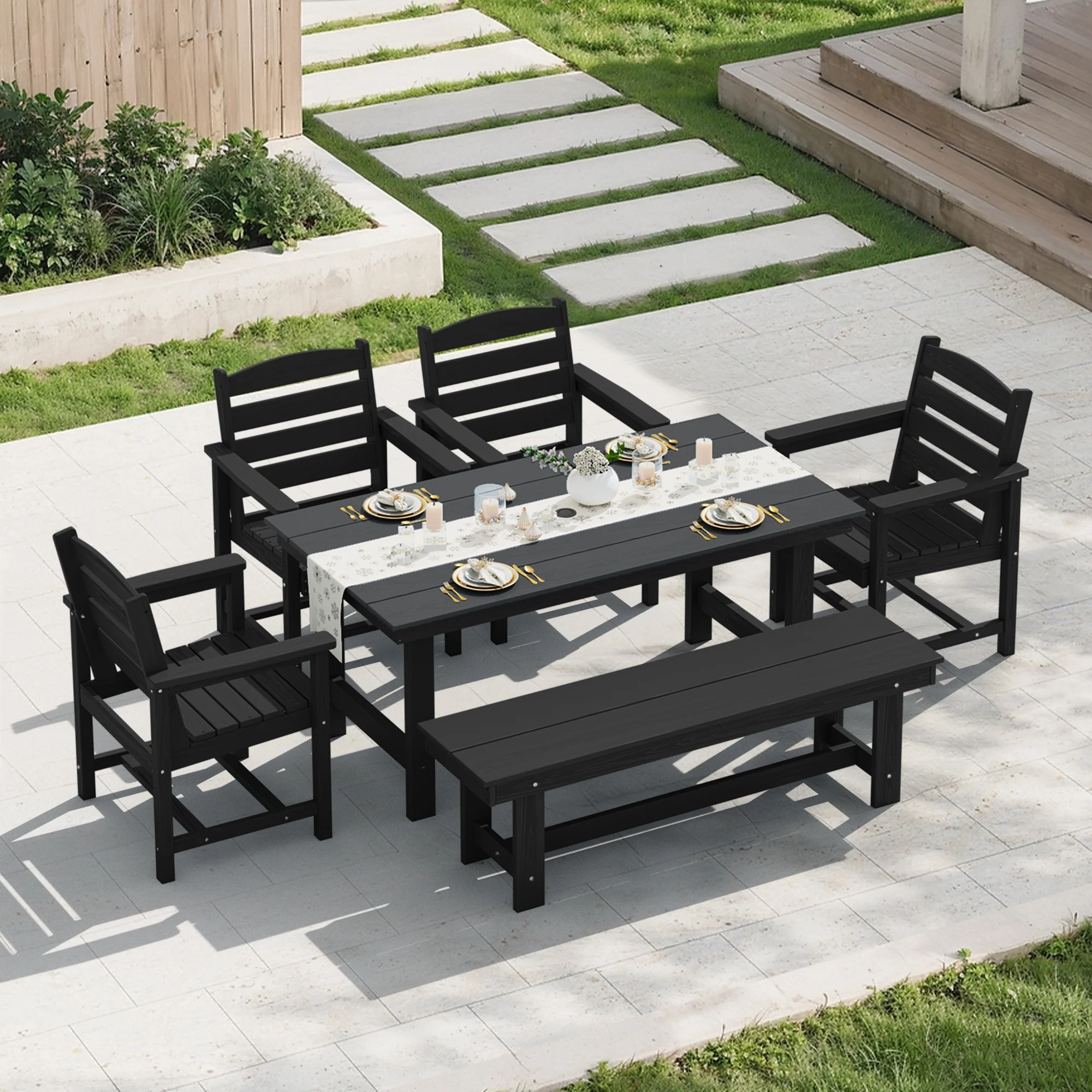 KINGYES 7-Piece Outdoor Dining Set, HDPE Patio Table and Chairs with Umbrella Hole, Gray - Image 26