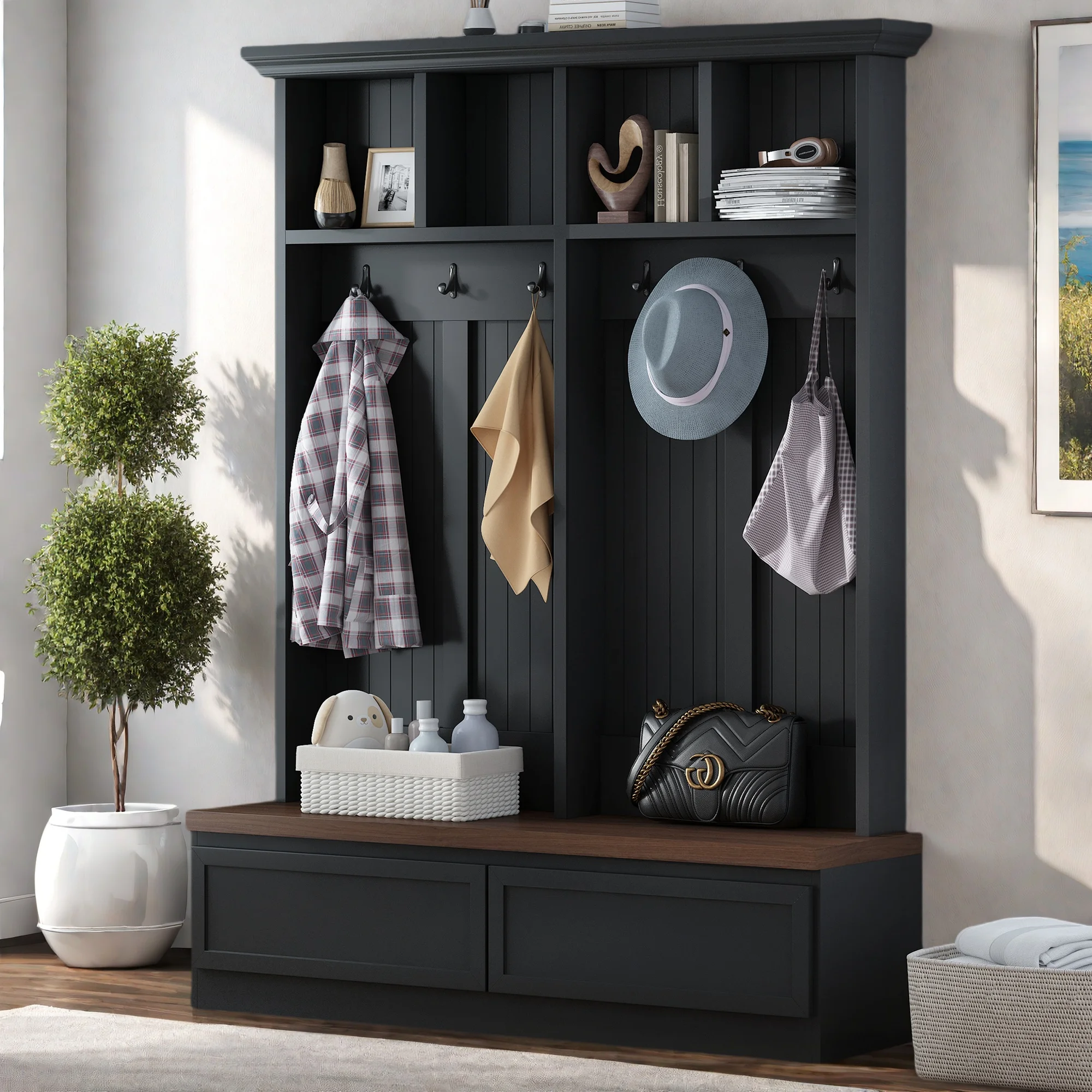 Coat Rack Farmhouse 4-in-1 Hall Tree with Wood Grain Bench, Mudroom Versatile Coat Rack with 2 Large Drawer, Entrance Organizer for Hallway, Living Room, Black, 55.9
