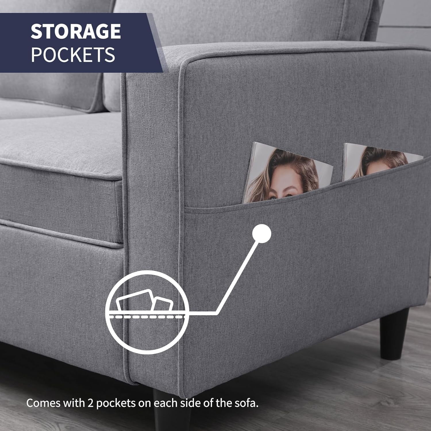 ijuicy Sectional Sofa Set,3PCS Living Room Furniture Couch Sets with Movable Storage Ottoman & Side Pockets,Include Sofa,Loveseat&Chair,Dark Gray - Image 12