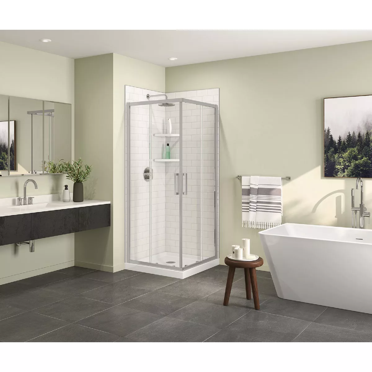 Maax Scarlet 32 In. L x 32 In. D x 78-3/4 In. H Acrylic Center Drain Corner Shower Kit in White with Clear Glass in Chrome