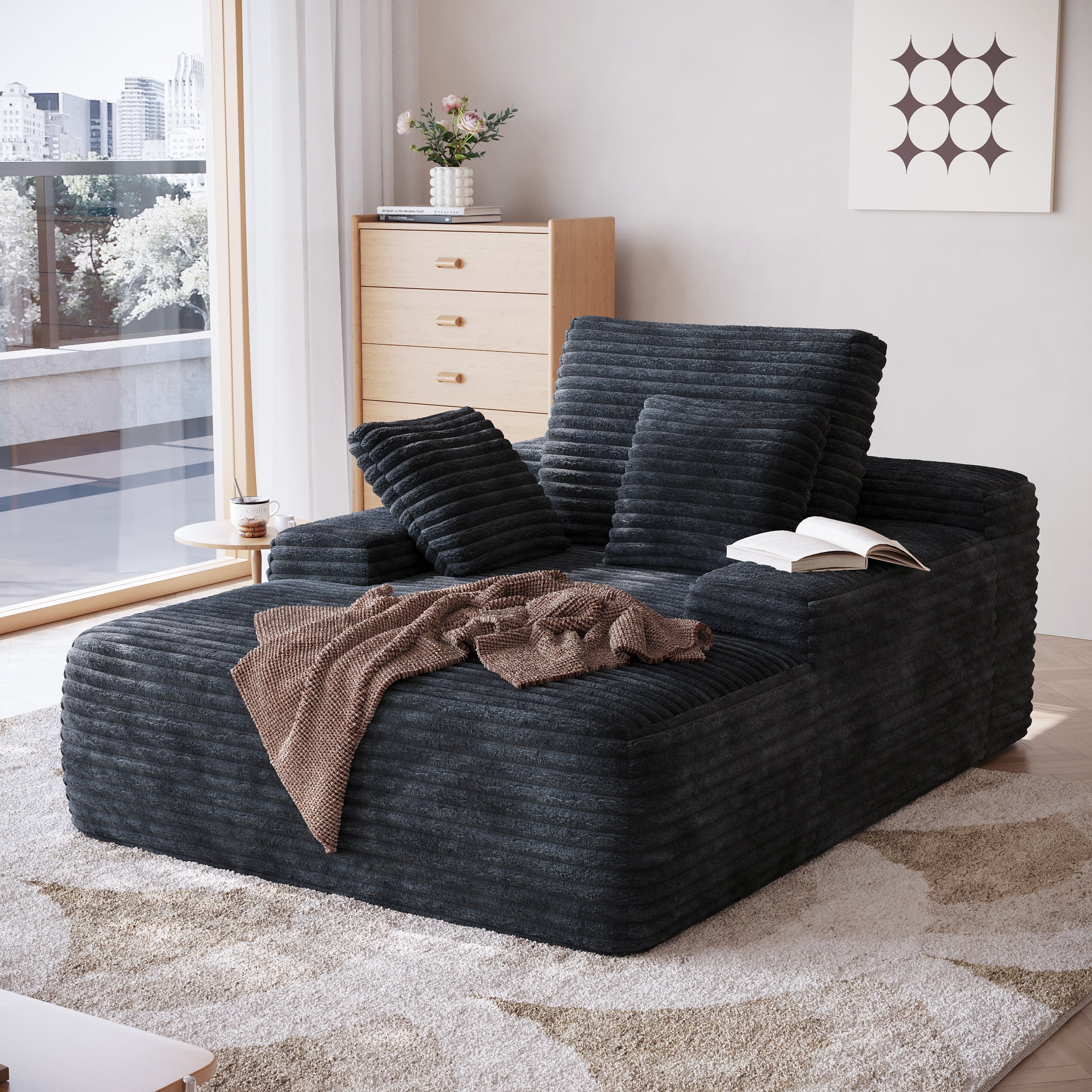 Sodrens Oversized Chaise Lounge Chair Indoor,Upholstered Sofa Bed with Throw Pillows and Armrests,Sleeper Chair for Living Room,Bedroom,Brown,Corduroy - Image 29