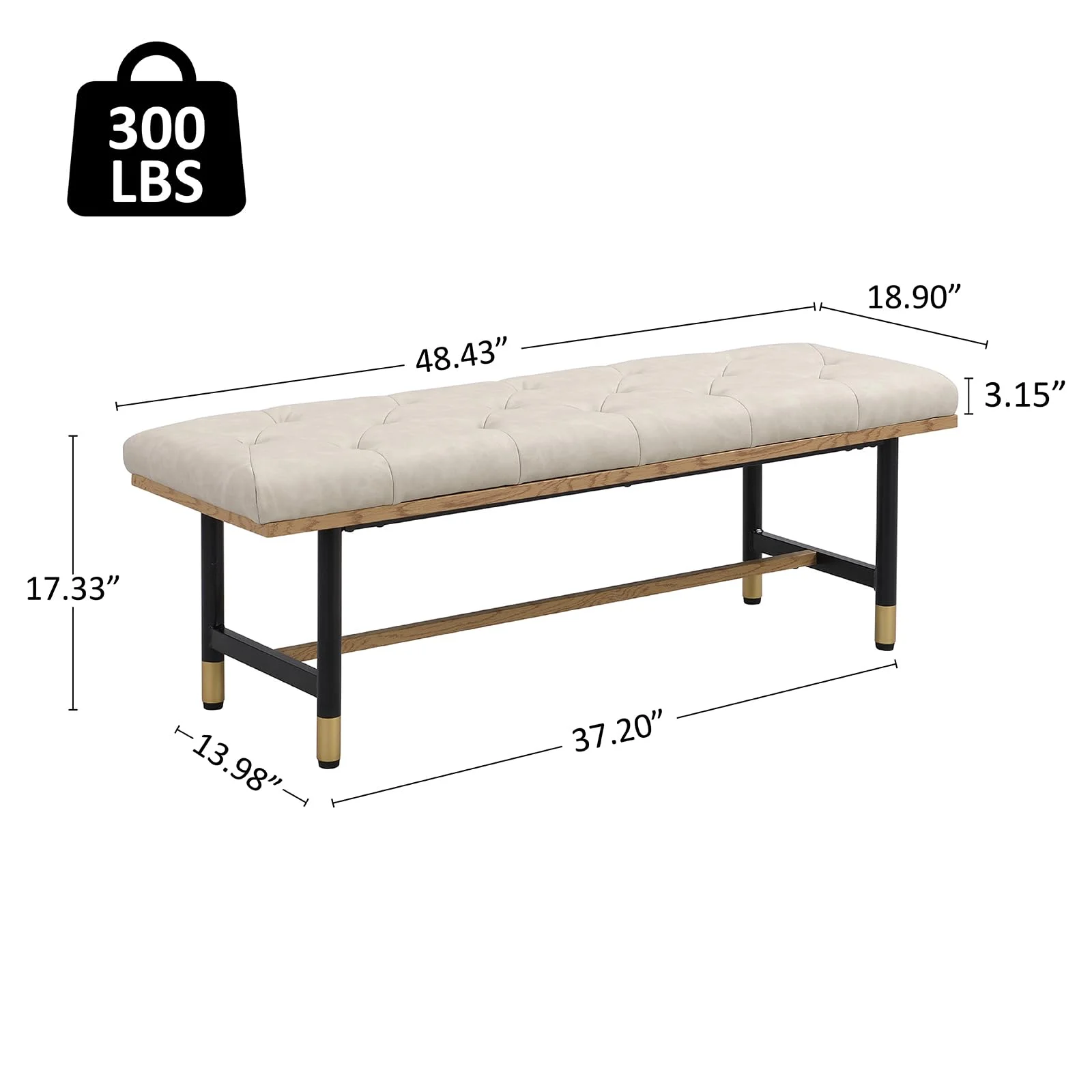 Shoe Bench Entryway, End of Bed Bench, Bench for Bedroom End of Bed, Modern Faux Leather Bench for Living Room, Entryway Bench Seat, Padded Bench with Solid Metal Shelf Gold, Beige