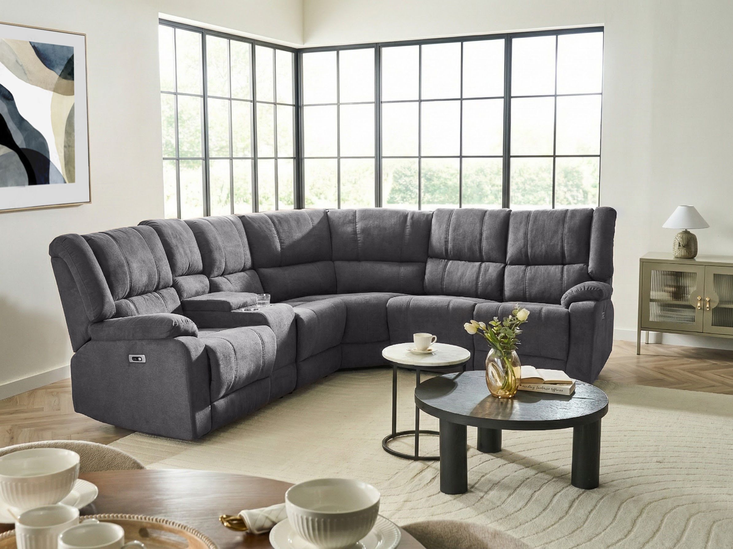 Electric Recliner Corner Sofa 5 Seater ROKKE Fabric Grey with USB Port Left Hand