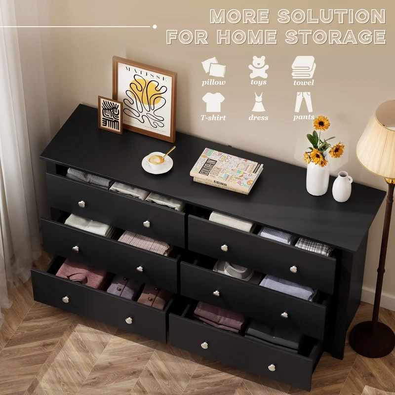 Lumihaven Rustic Modern Chest of 6 Drawers,Extra Wide Double Dresser for Master Bedroom or Nursery Storage,Black - Image 4