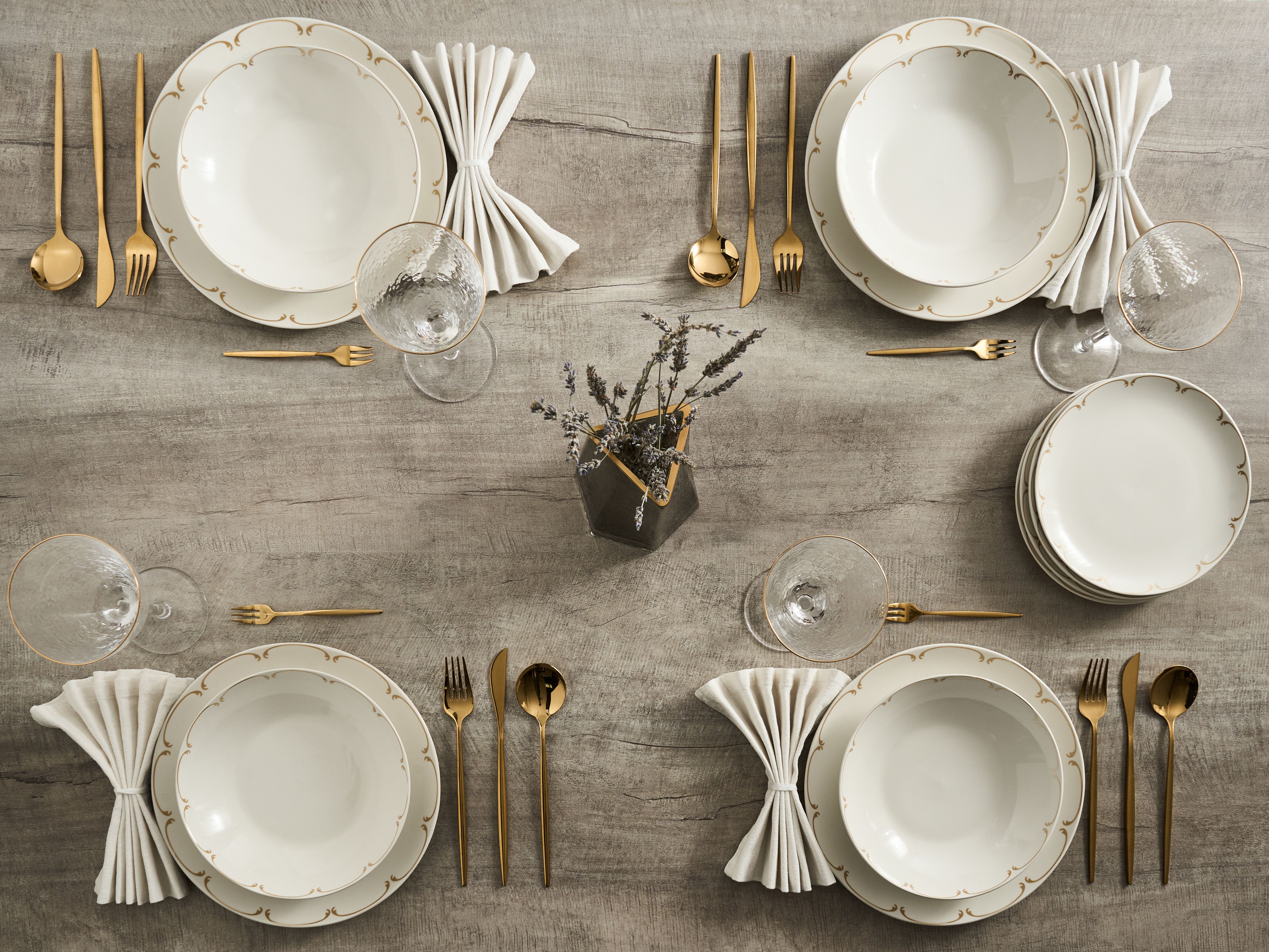 Set of 12 Dinnerware CHAROLI Porcelain White/ Gold