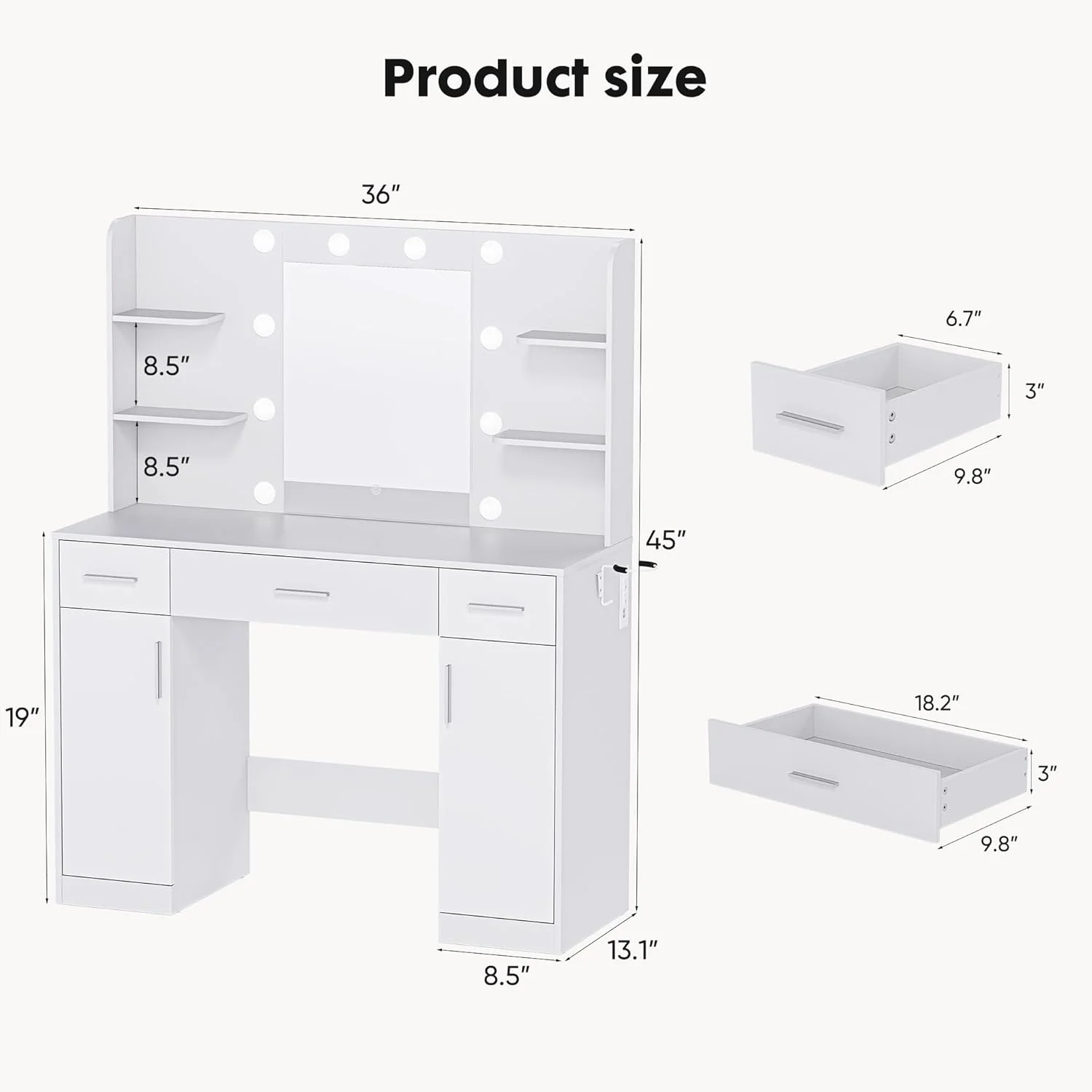 Blorly White Vanity Desk with Mirror, Makeup Vanity Table with LED Lights and Power Outlet, 3 Drawer, 4 Shelves, 1 Cabinet - Image 24