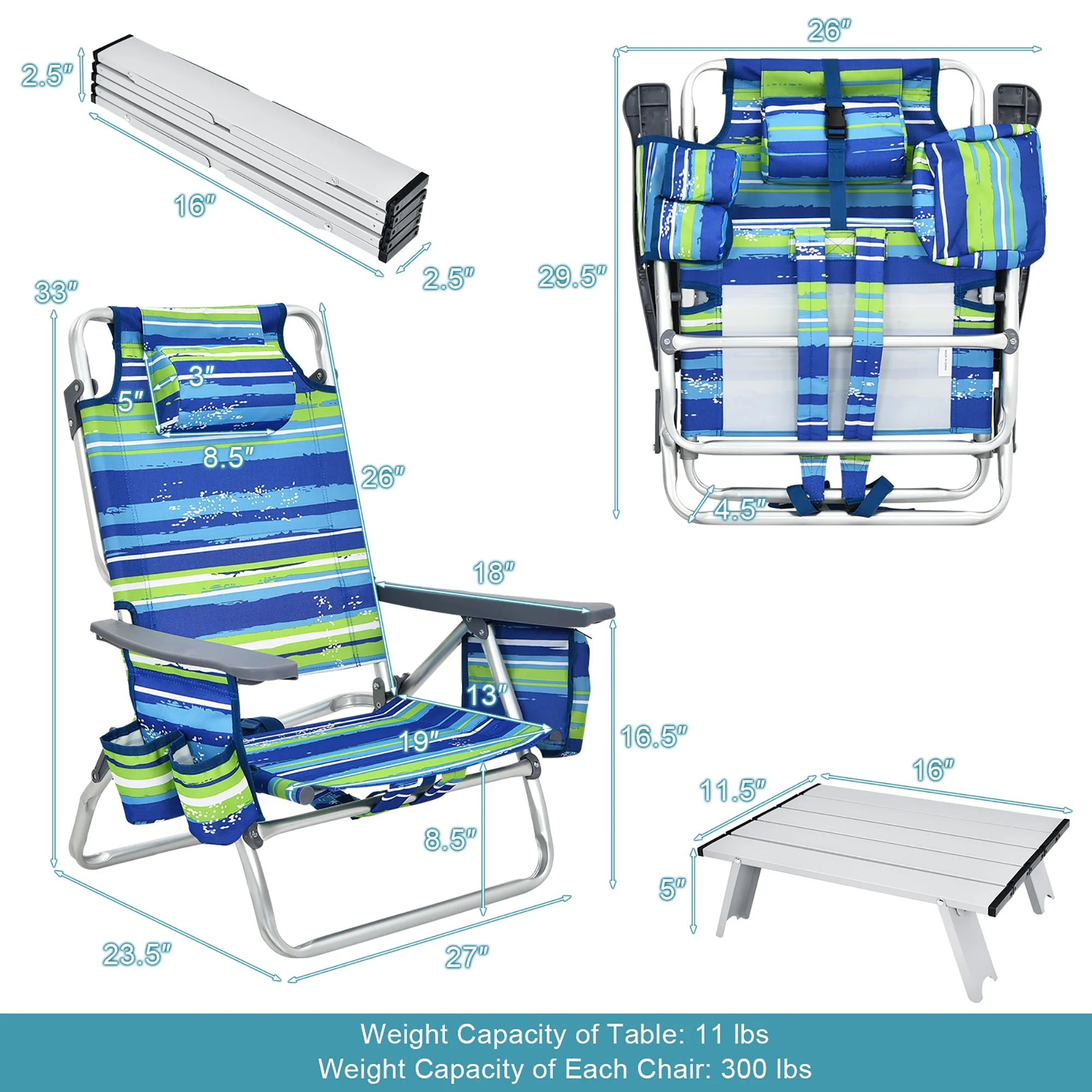 Costway 2-Pack Folding Backpack Beach Chair Table Set 5-Position Outdoor Reclining Chair Pink - Image 28