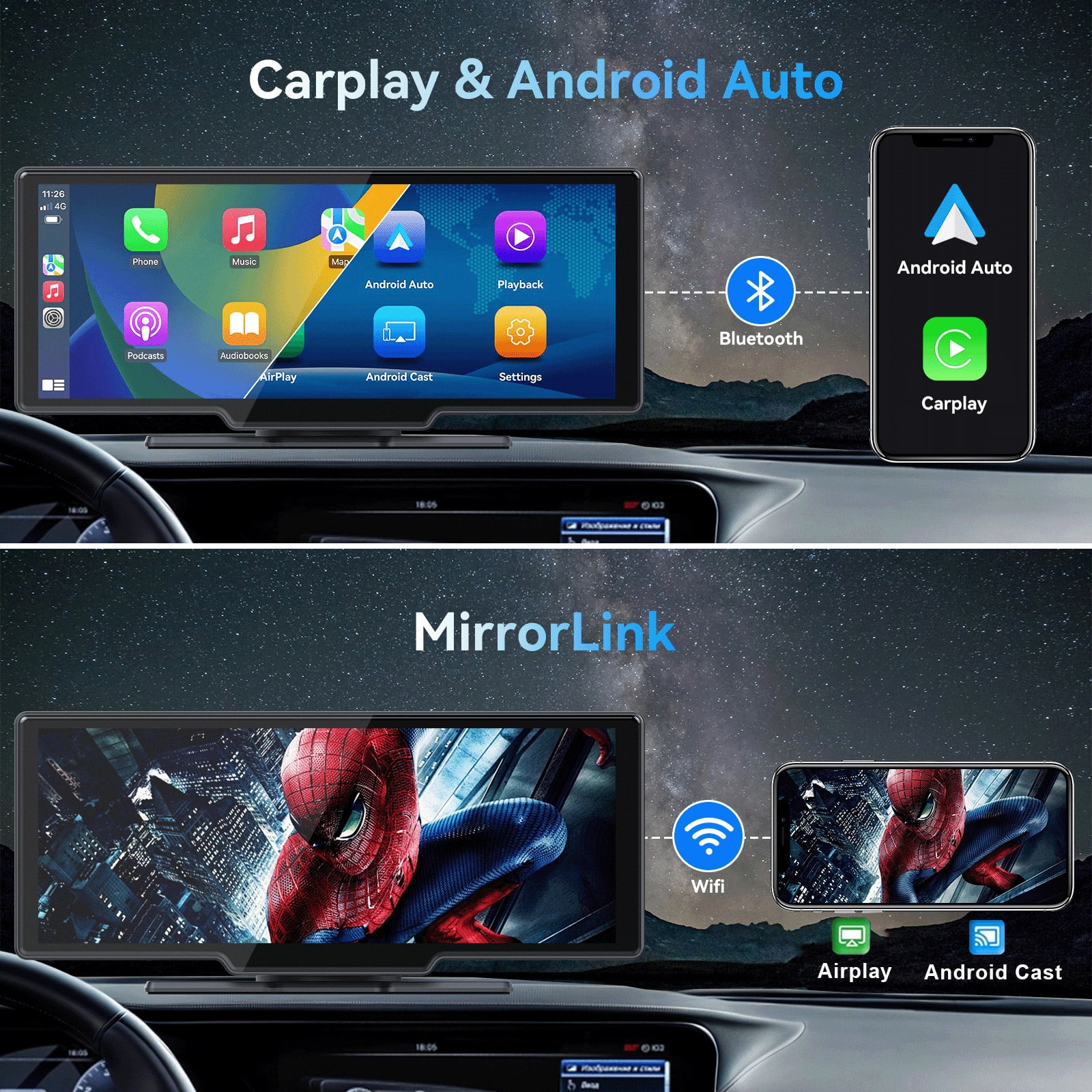 10.26�� Wireless Apple Carplay Screen with Android Auto, 4K Dash Cam, Backup Camera, Bluetooth, GPS, Voice Control - Image 2