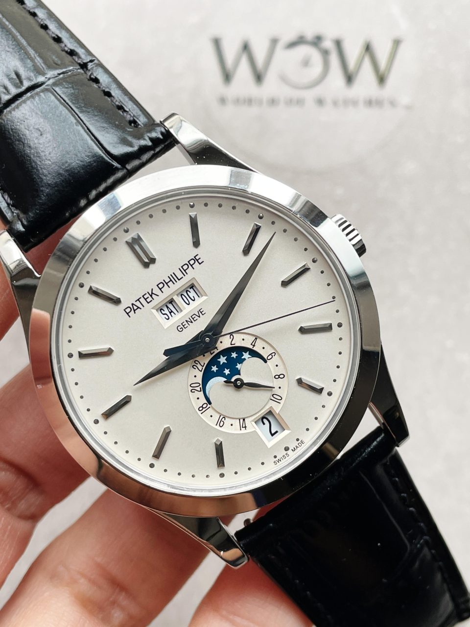 Replica PATEK PHILIPPE Annual Calendar Moonphase 5396 SS ZF 1:1 Best Edition White/Blue Dial on Black Leather Strap A324 - Elite Watch Atelier
