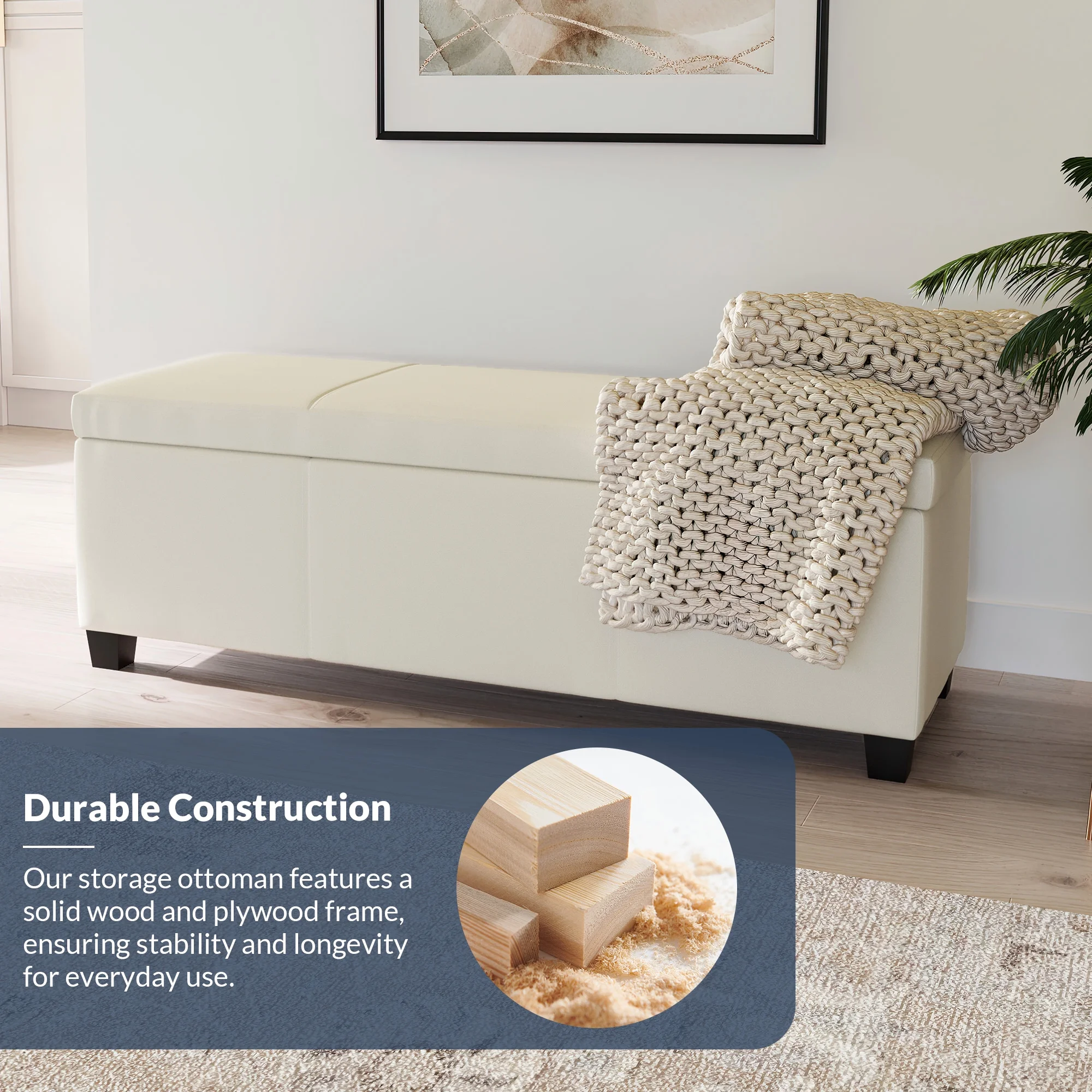 BELLEZE Storage Ottoman Bench Footstool - Amherst (Beige) - Image 54