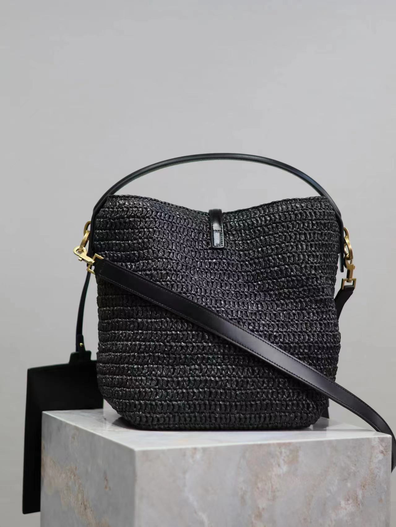 SAINT LAURENT Le 37 leather-trimmed raffia bucket bag