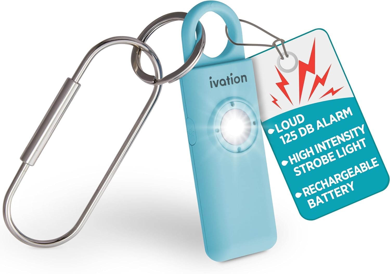 Ivation Personal Rechargeable SOS Alarm, Pocket Size Loud 130dB Sound Safety Siren & LED Panic Strobe Light with Carabiner Keychain Clip for Women, Children & Seniors, White