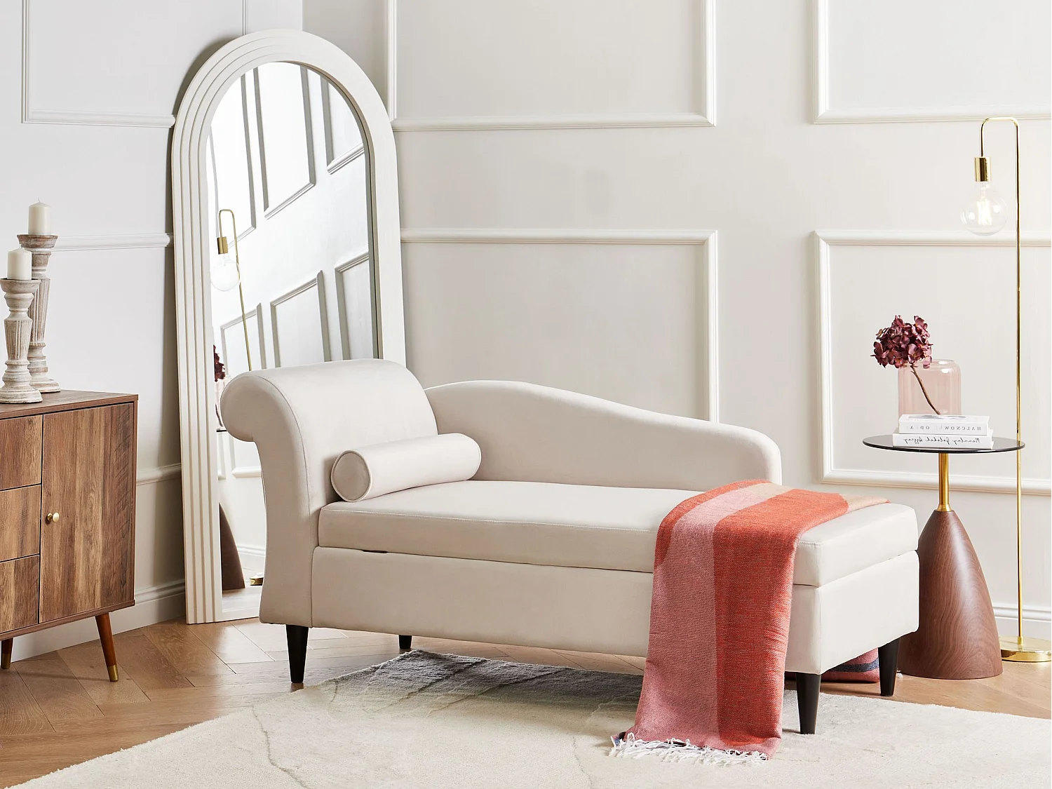 Chaise longue côté gauche LUIRO Velours Beige avec rangement