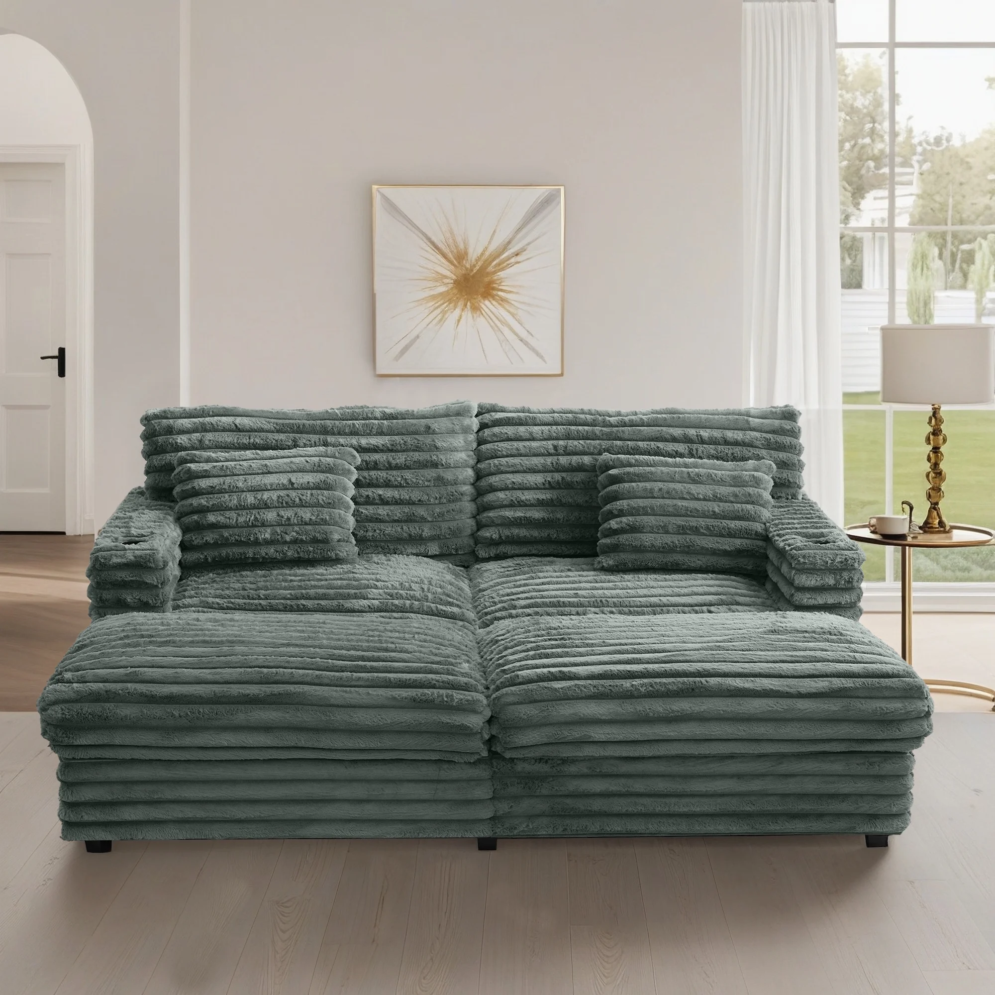 Oversized Double Chaise Lounge, Faux Fur Upholstered Deep Seat Sofa with 2 Pillows, 2 Cupholders, and Dual USB Ports - Image 50