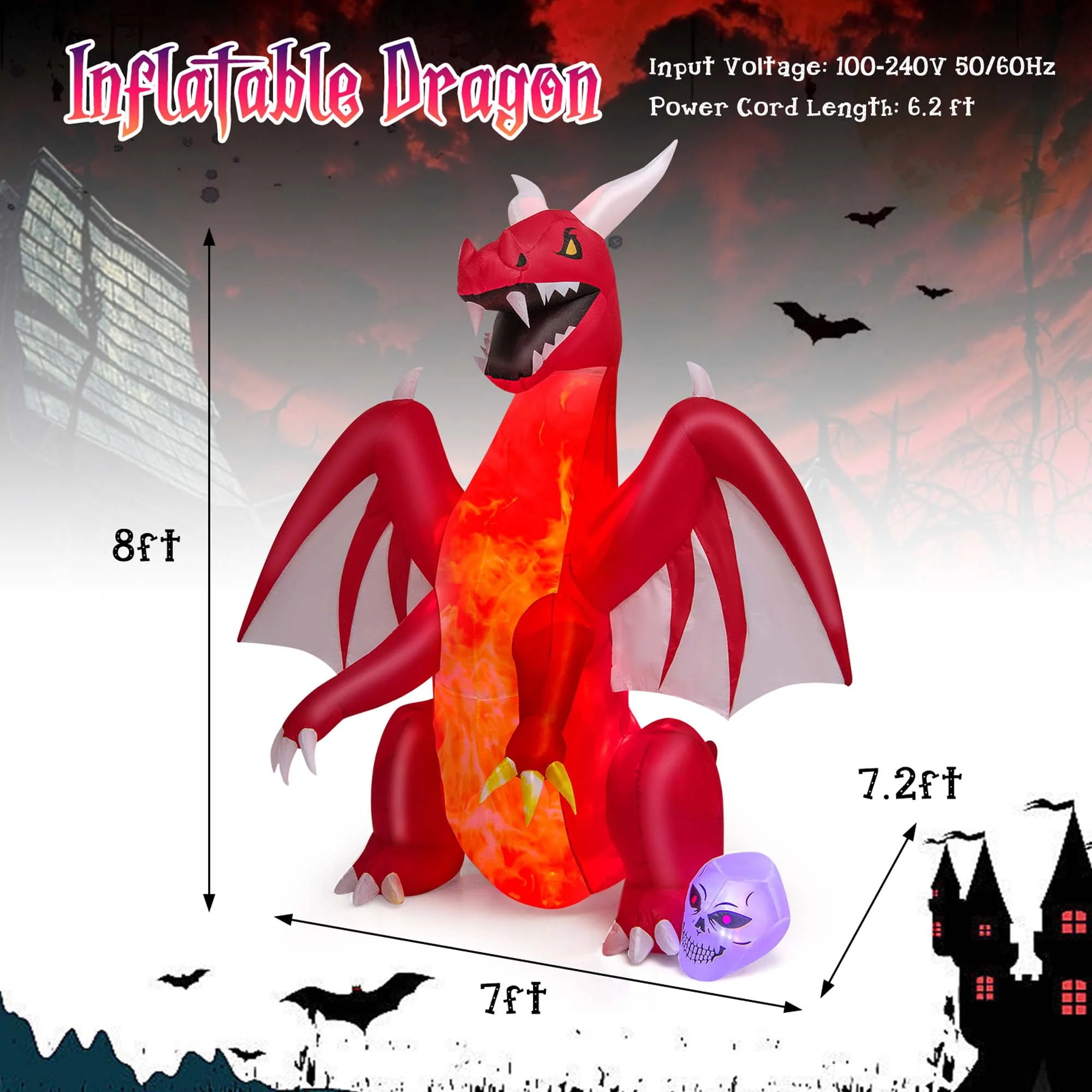 Costway 8 FT Halloween Inflatable Red Dragon with Wings & Skull Holiday Decoration Light - Image 3 Costway 8 FT Halloween Inflatable Red Dragon with Wings & Skull Holiday Decoration Light - Image 3