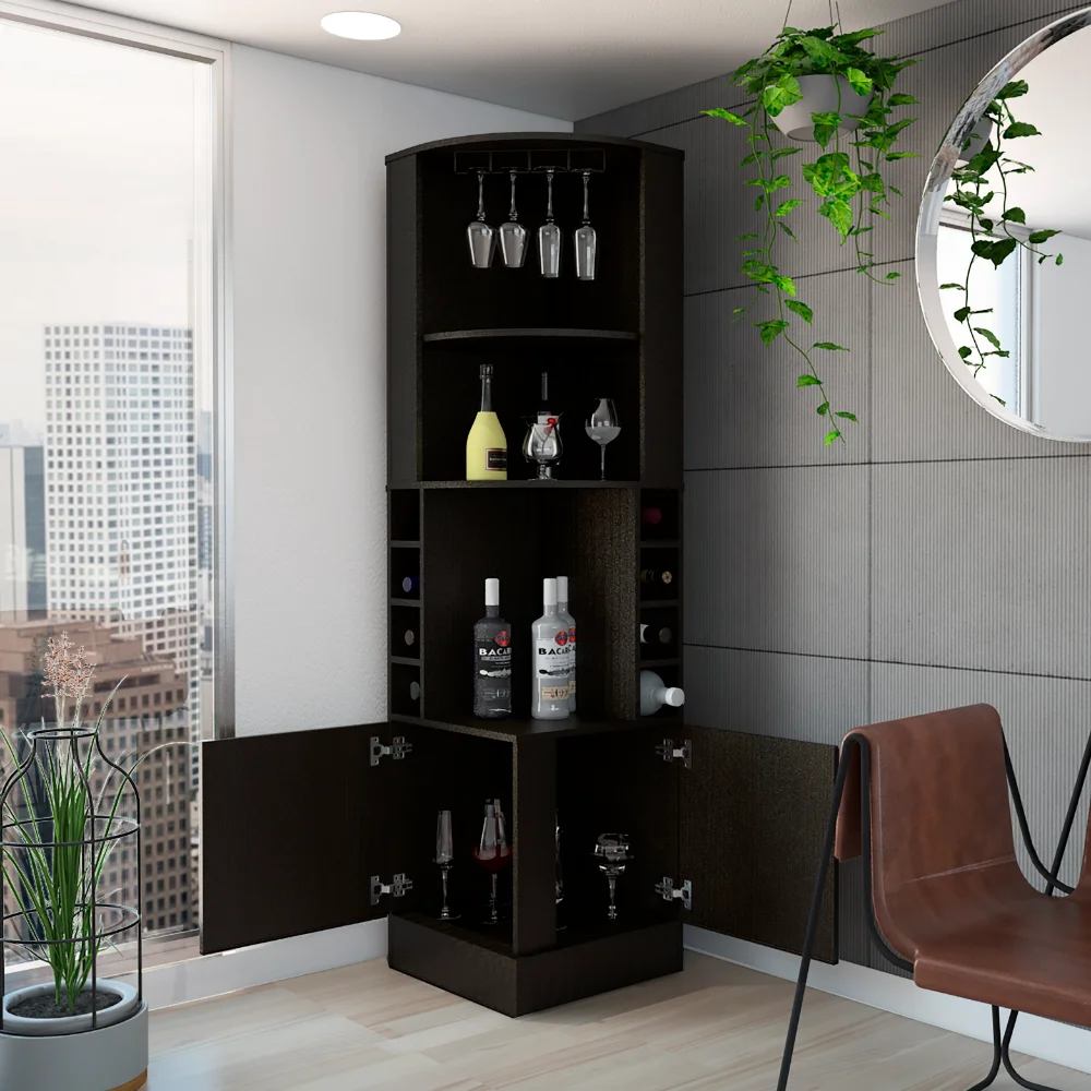 TUHOME Coppola Corner Bar Cabinet with Wine Rack, Liquor Cubbies, and Stemware Display