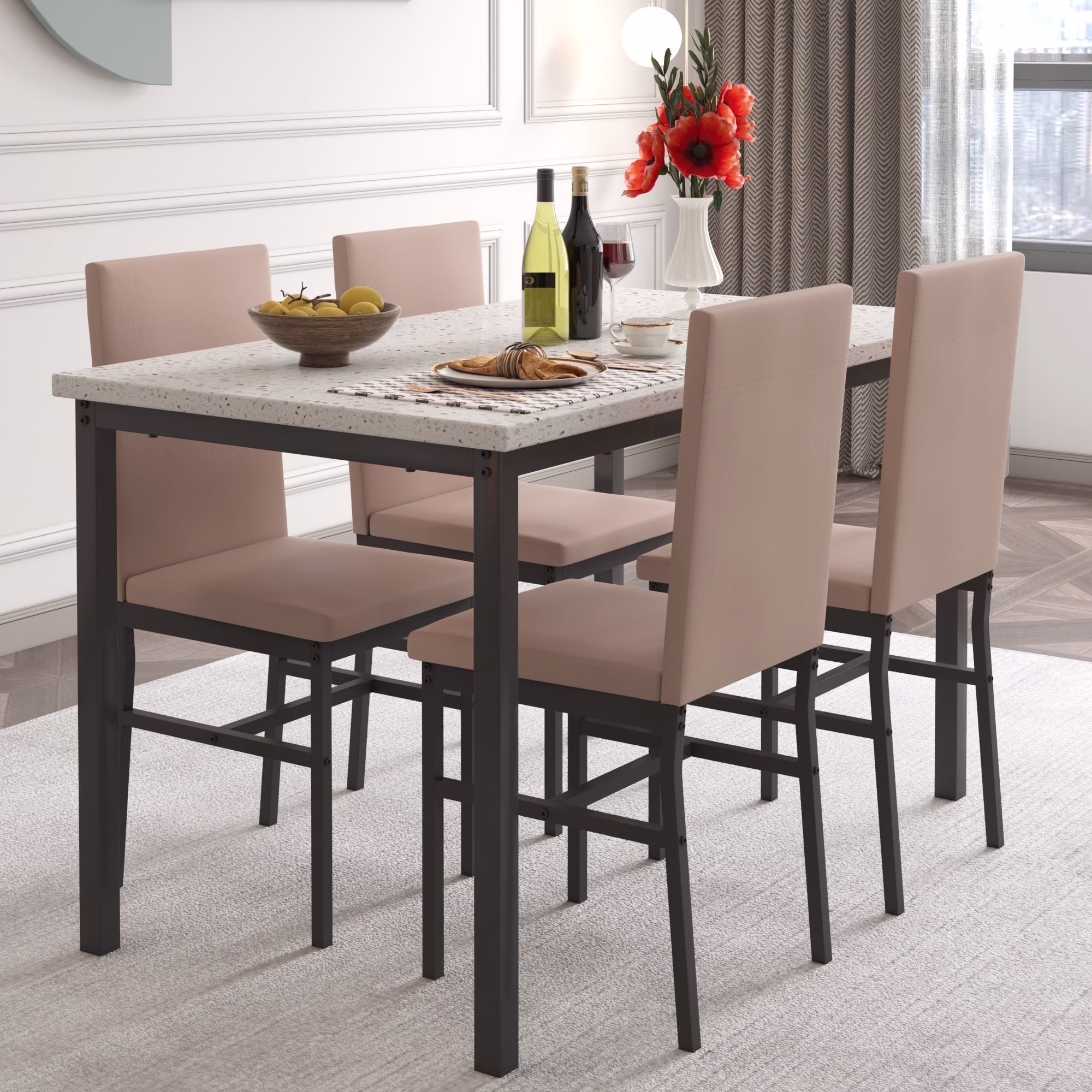 5 Piece Dining Set, Modern Dining Table and Chairs Set for 4, Counter Height Bar Table Set, Modern Pub Table with 4 Velvet Fabric Cushioned Stools, Faux Marble Dining Table & Stools Set, D9297 - Image 7