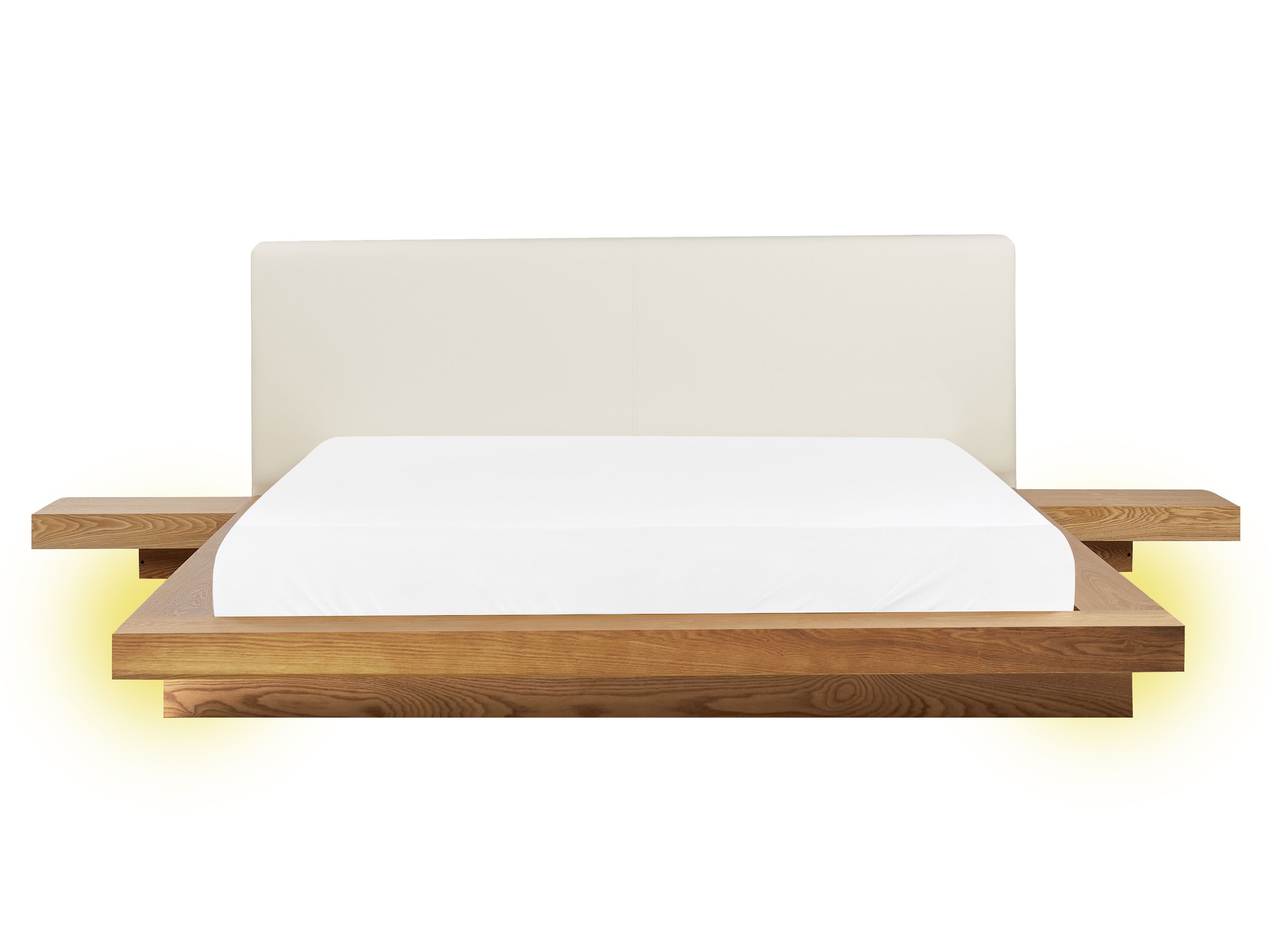 Bed with LED Faux Leather ZEN 160 x 200 cm (EU King Size) Natural Ash Wood