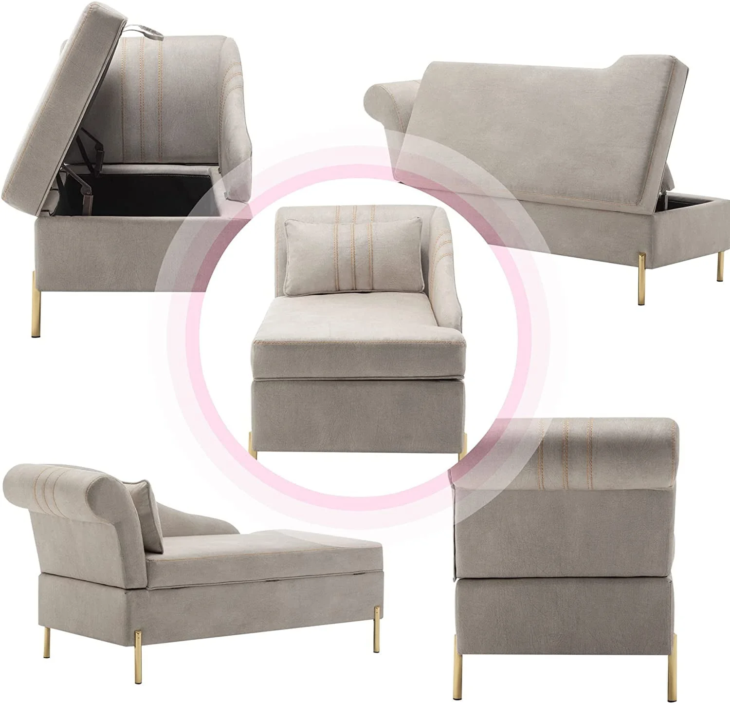 Andeworld Chaise Lounges Indoor Chair, Modern Upholstered Tufted Chaise Lounge Chair Indoor Faux Suede Sofa Recliner Couch for Bedroom Office Living Room Left Arm Facing Chaise Lounge(Khaki) - Image 3