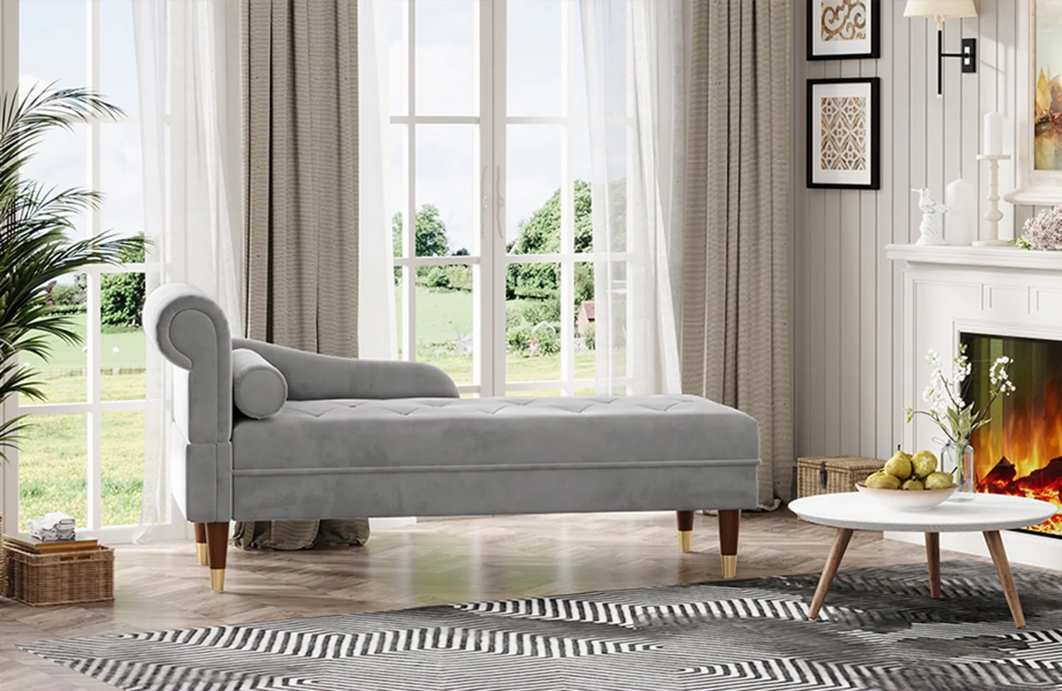 Vesgantti Velvet Chaise Lounge,59" Modern Upholstered Lounge Chair Indoor with Round Armrest Lumbar Pillow, Single Sofa for Living Room Bedroom Office,Grey - Image 8