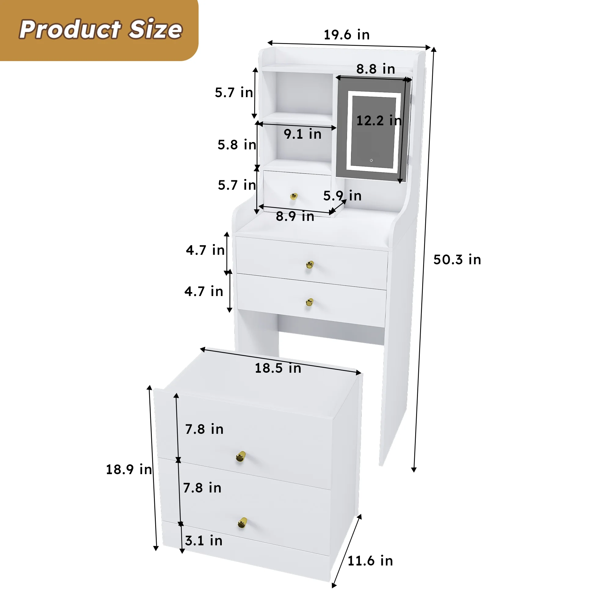 Montary Modern Mini Vanity w/Adjustable LED Mirror + Hidden Storage, Padded Stool & Dustproof Shelves (White) - Image 50