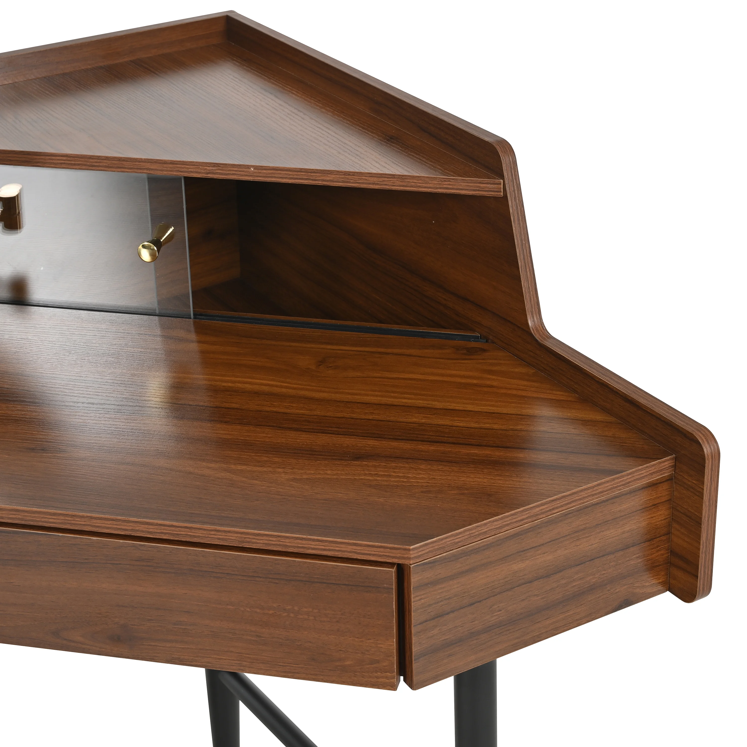 MODERNLUXE Corner Makeup Vanity Desk with Folding Mirror and Lights,Modern Vanity Set with 1 Stool,2 Drawers and 3 Shelves for Bedroom,Women, and Girls,Walnut - Image 2