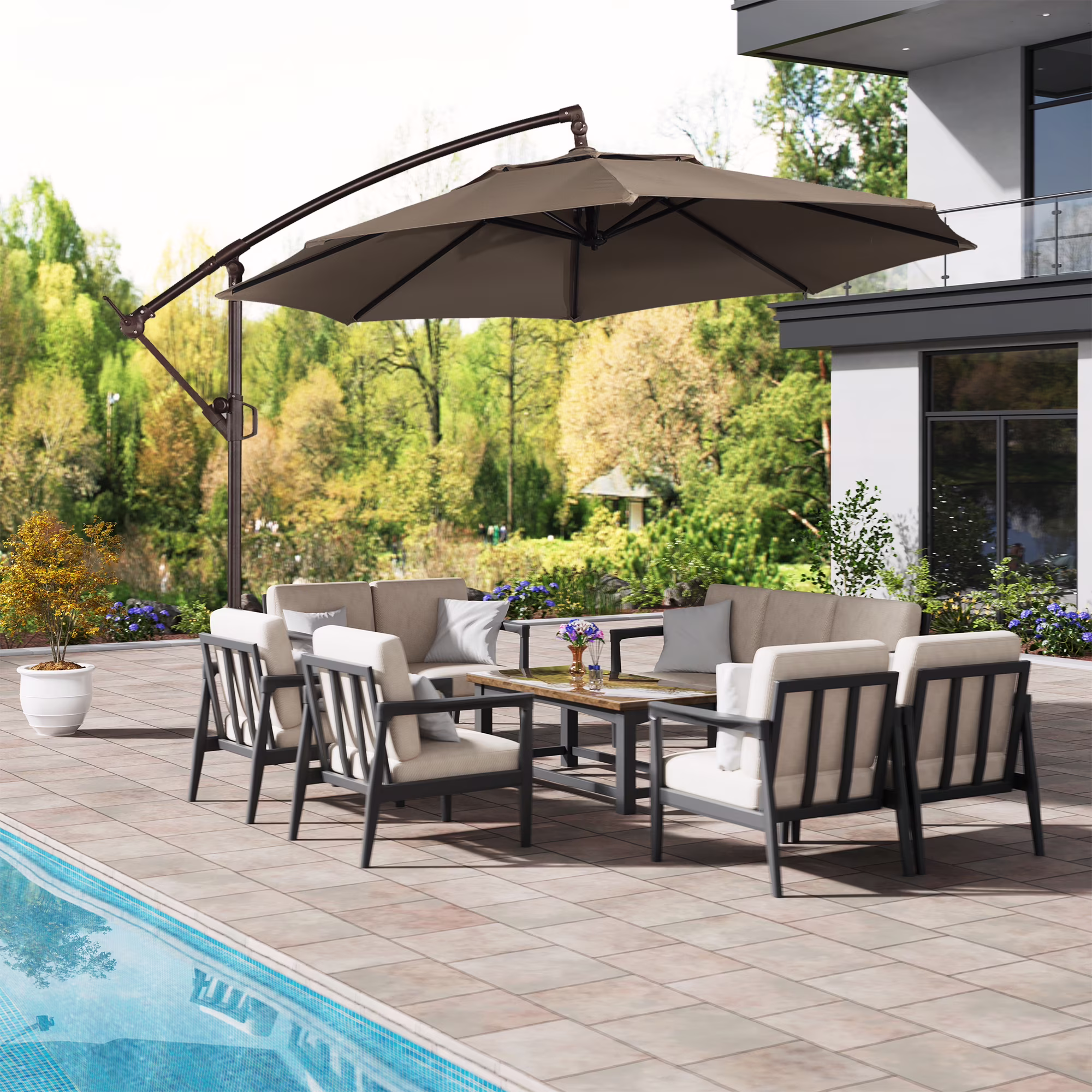 Mondawe 10ft Solar Lights Offset Cantilever Patio Umbrella - with Light, LED Lighted Offset Hanging Patio Outdoor Market Umbrella UPF50+ UV Protection with Crank,Navy Blue - Image 5