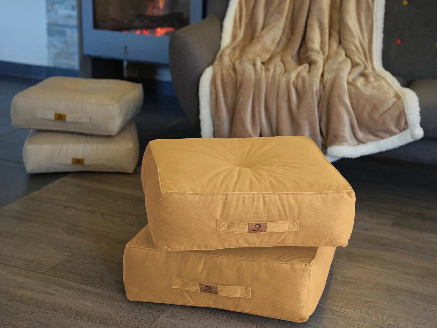 Pouf en velours 50 x 50 x 14 cm ensemble de 2 - beige