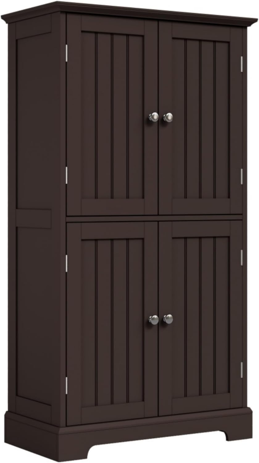 ChooChoo Bathroom Floor Cabinet, Modern Bathroom Storage Cabinet with 4 Doors and Adjustable Shelves, Freestanding Cupboard for Living Room, Espresso